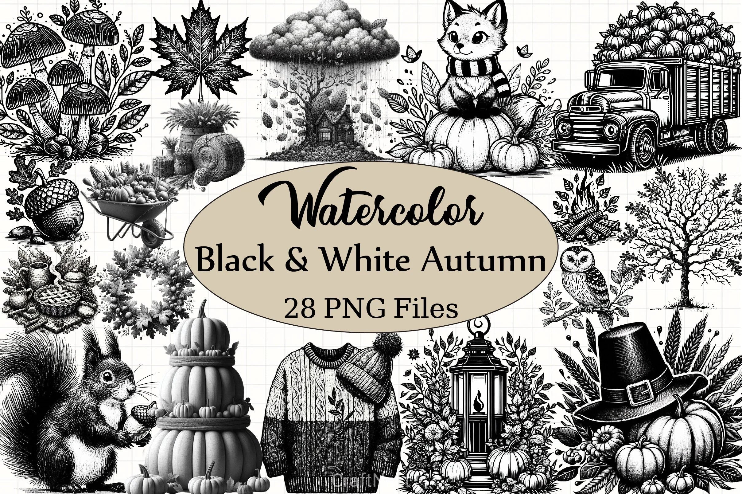 Black & White Autumn Clipart Bundle 5 - CraftNest - Digital Crafting and Art