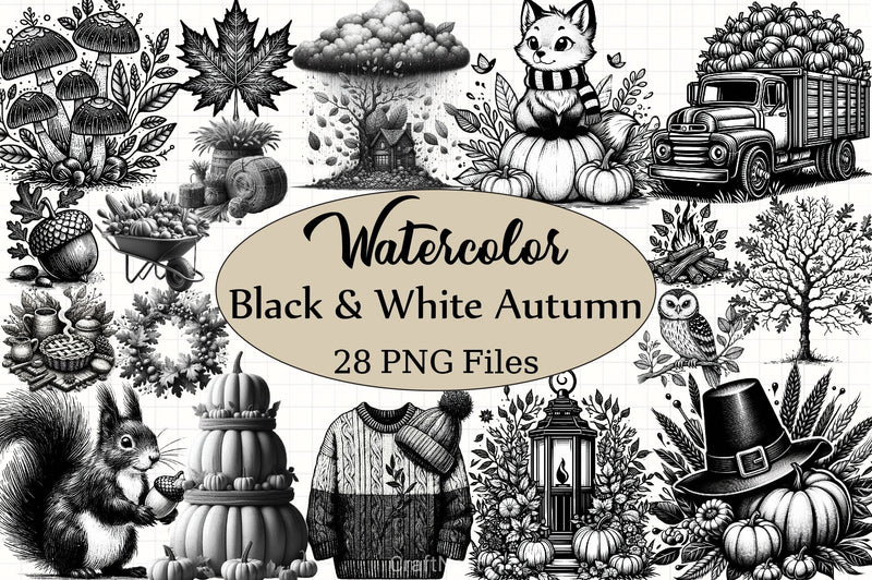 Black & White Autumn Clipart Bundle 5 - CraftNest - Digital Crafting and Art