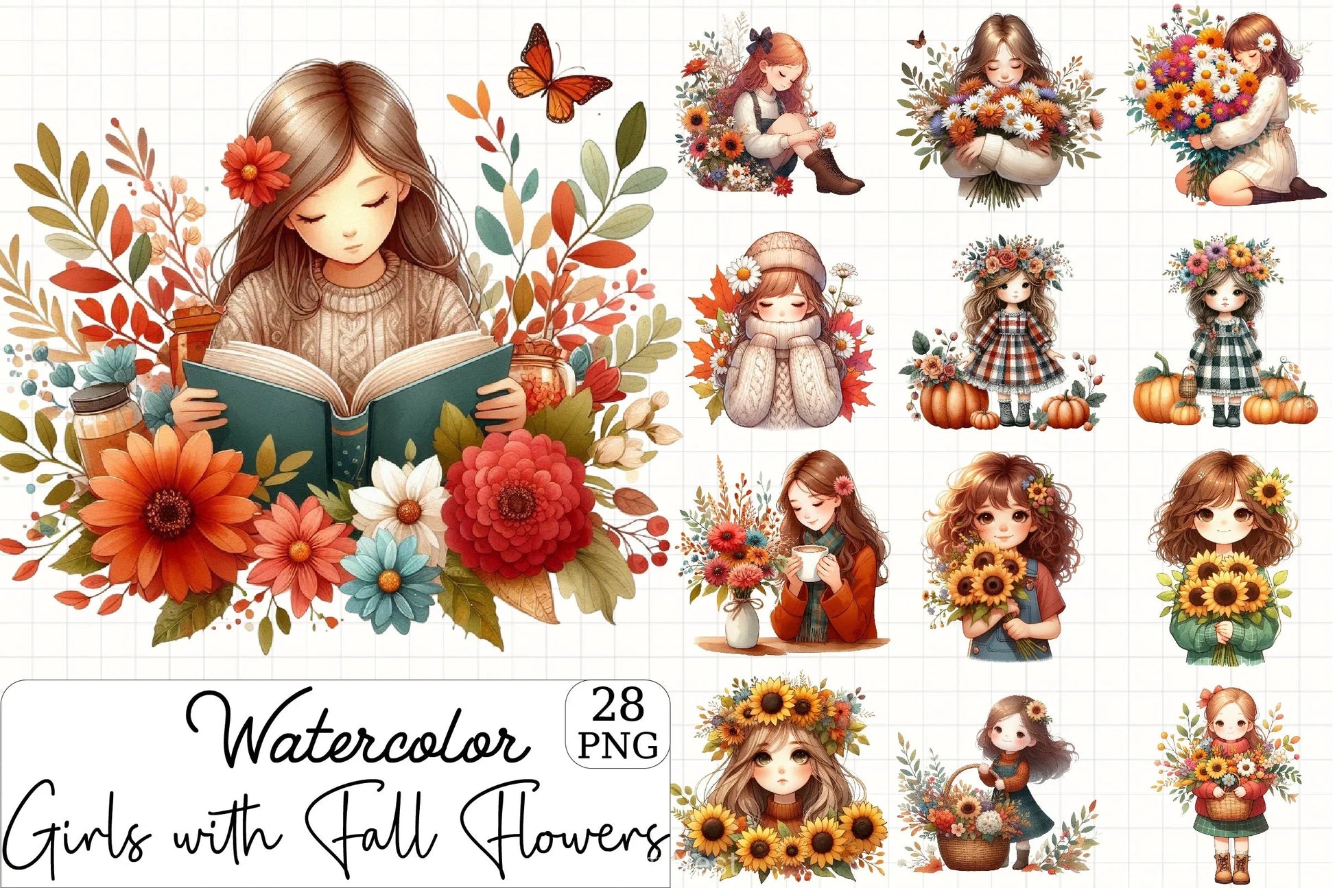 Girls Fall Flowers Clipart Bundle - CraftNest - Digital Crafting and Art