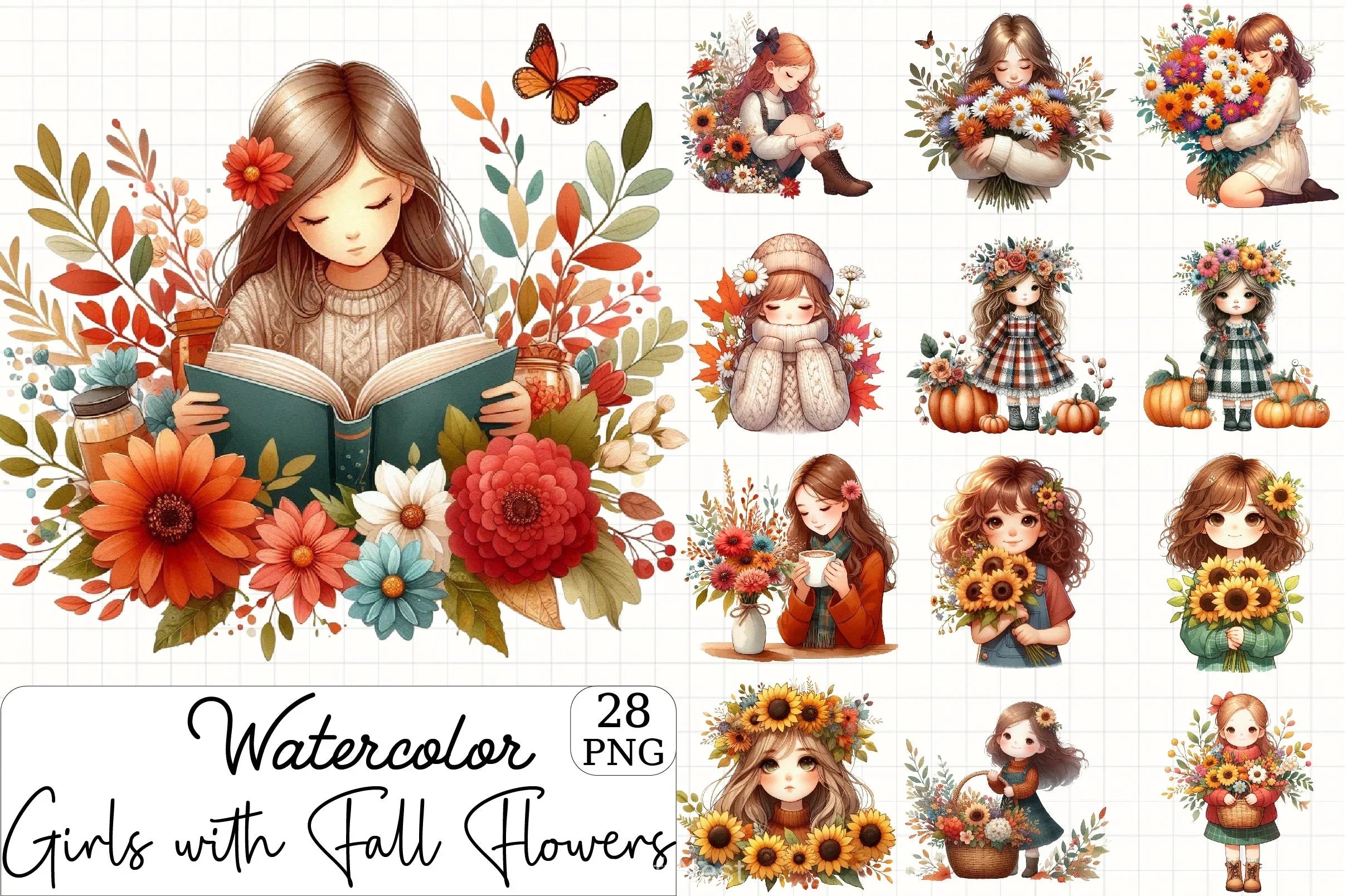 Girls Fall Flowers Clipart Bundle - CraftNest - Digital Crafting and Art