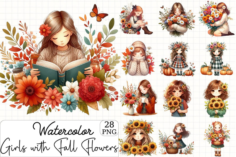 Girls Fall Flowers Clipart Bundle - CraftNest - Digital Crafting and Art