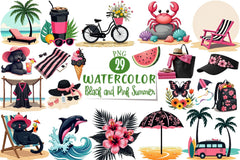 Black & Pink Summer Clipart Bundle - CraftNest - Digital Crafting and Art