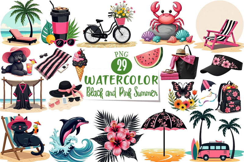 Black & Pink Summer Clipart Bundle - CraftNest - Digital Crafting and Art