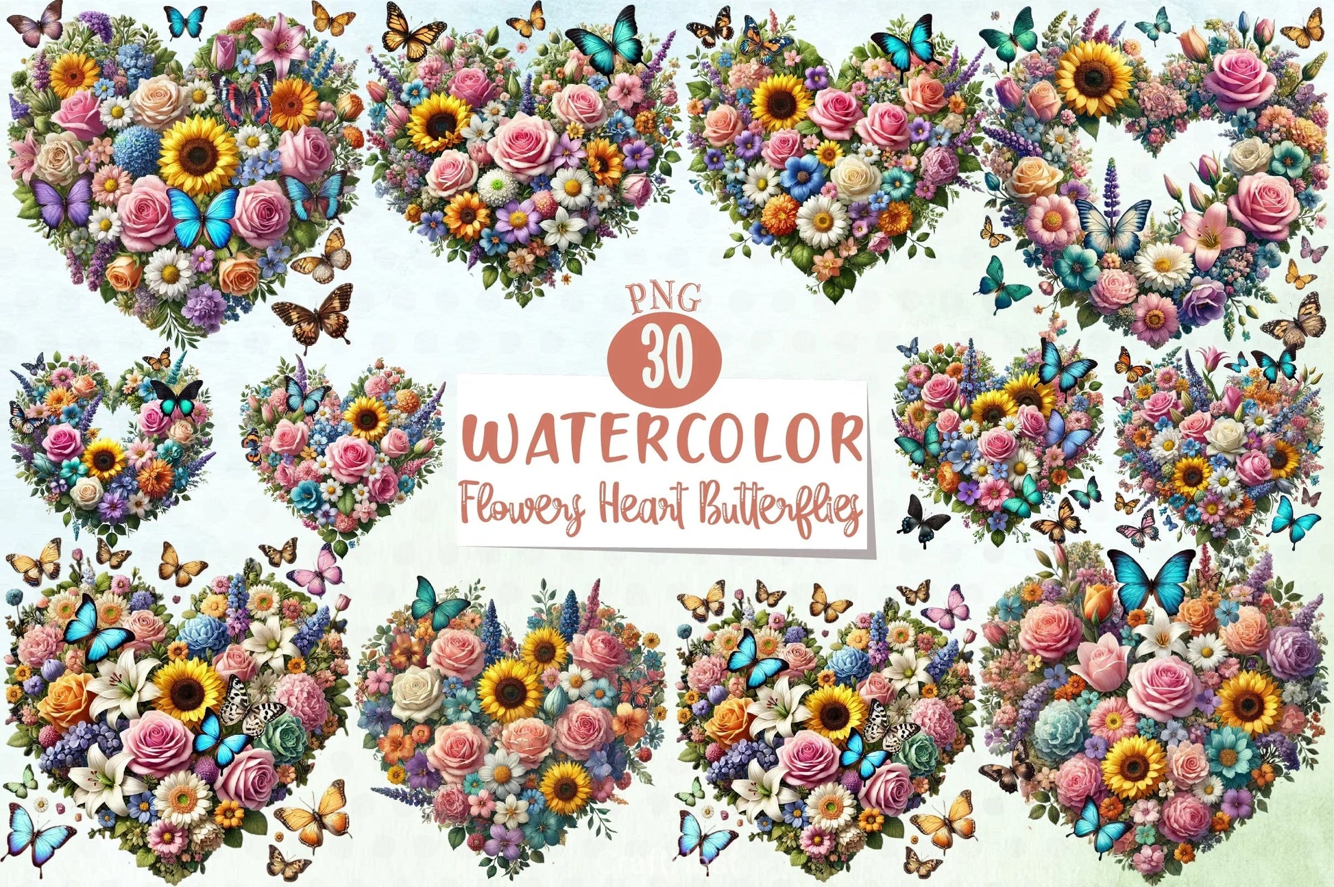 Spring Flowers Heart Butterflies Clipart Bundle - CraftNest - Digital Crafting and Art