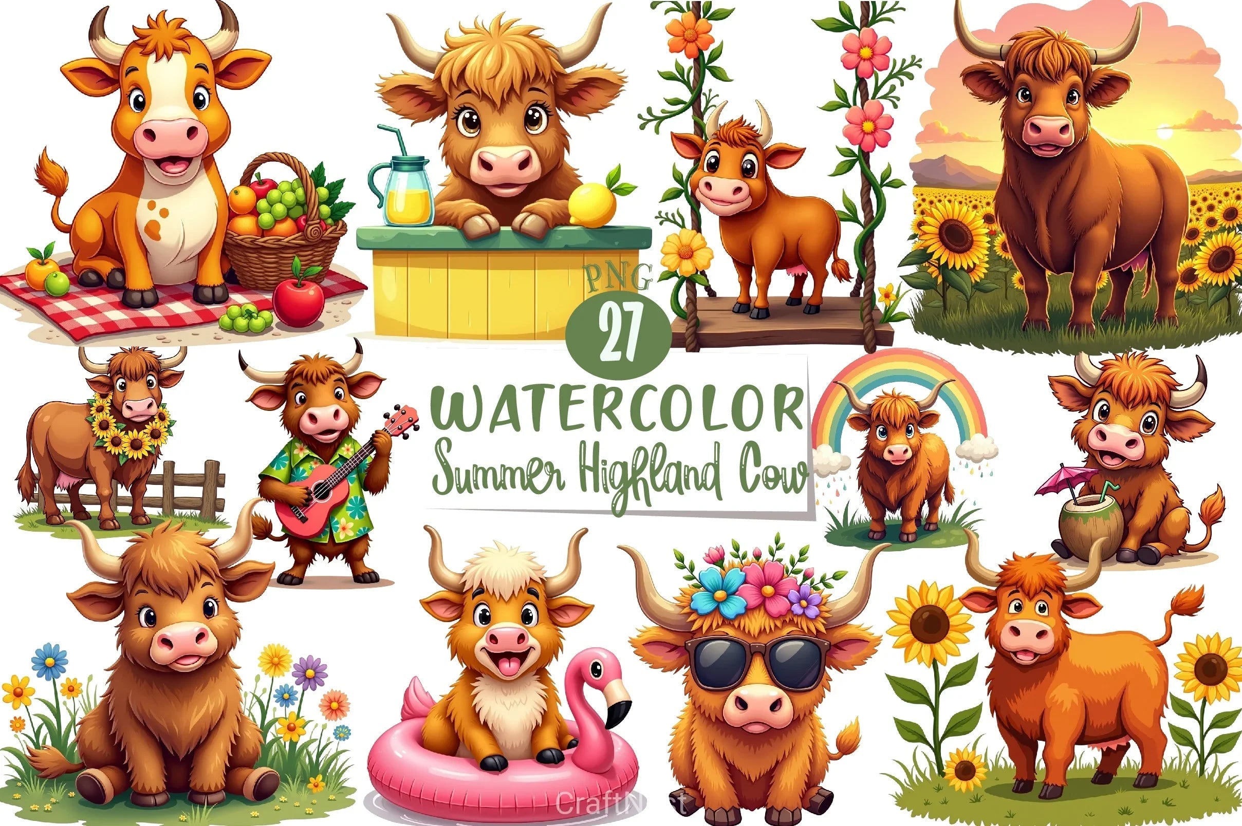 Summer Highland Cow Clipart Bundle 6 - CraftNest - Digital Crafting and Art