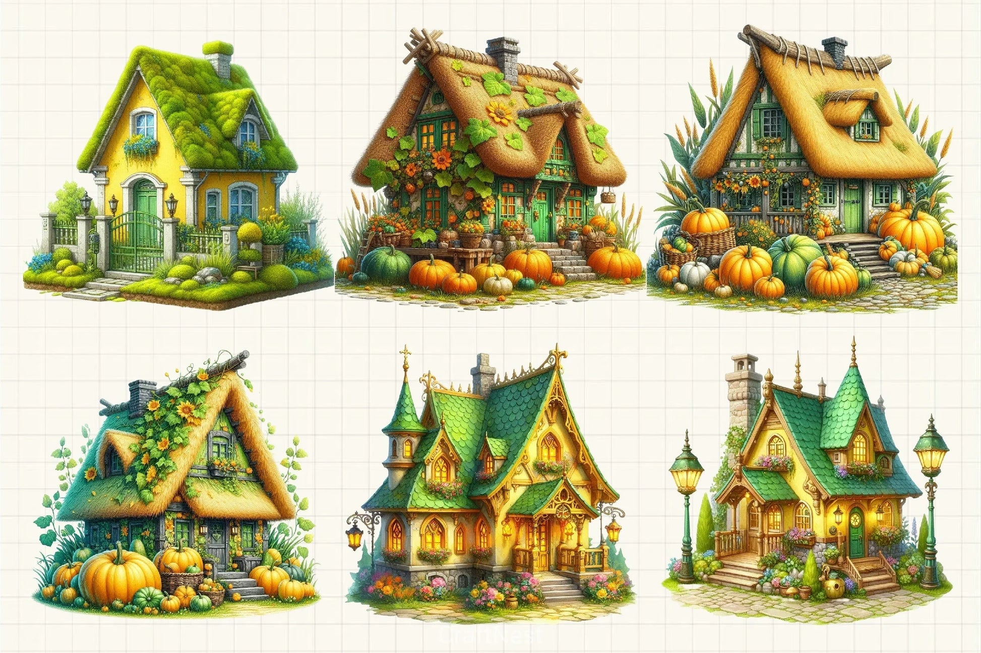 Yellow Green Autumn Village House Clipart Bundle - CraftNest - Digital Crafting and Art