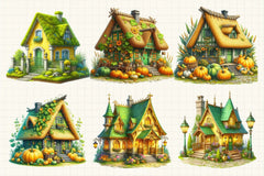 Yellow Green Autumn Village House Clipart Bundle - CraftNest - Digital Crafting and Art