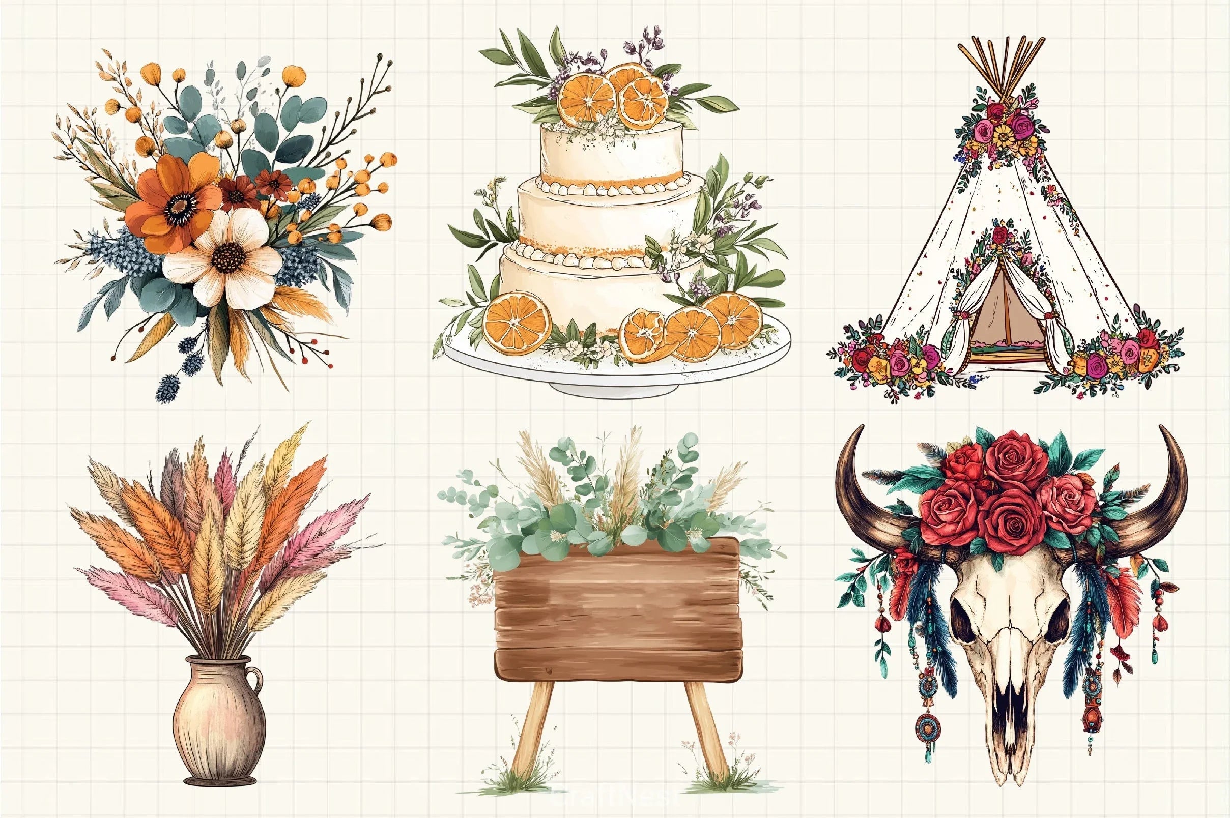 Boho Wedding Clipart Bundle - CraftNest - Digital Crafting and Art