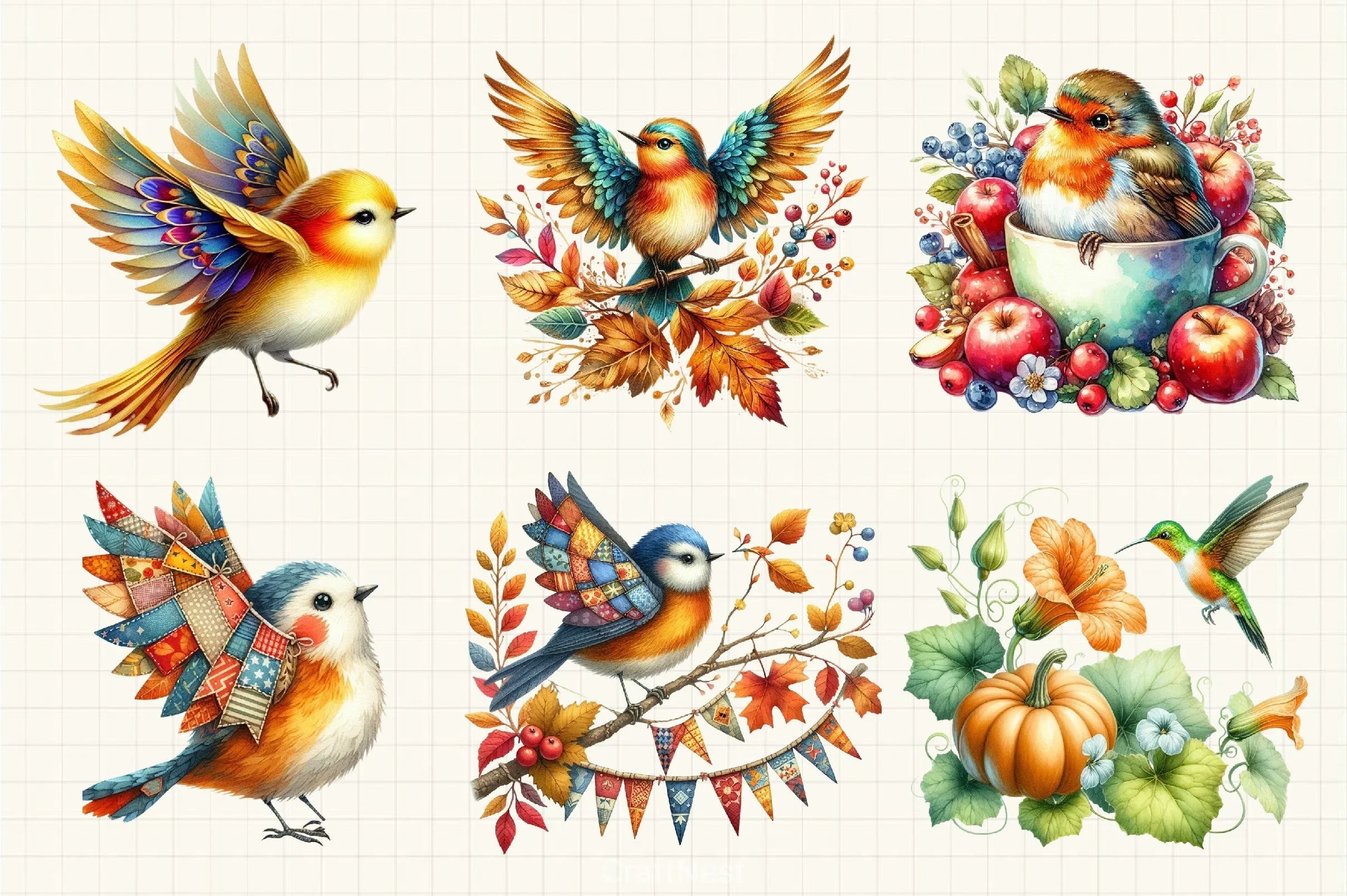 Positive Whimsical Fall Birds Clipart Bundle - CraftNest - Digital Crafting and Art