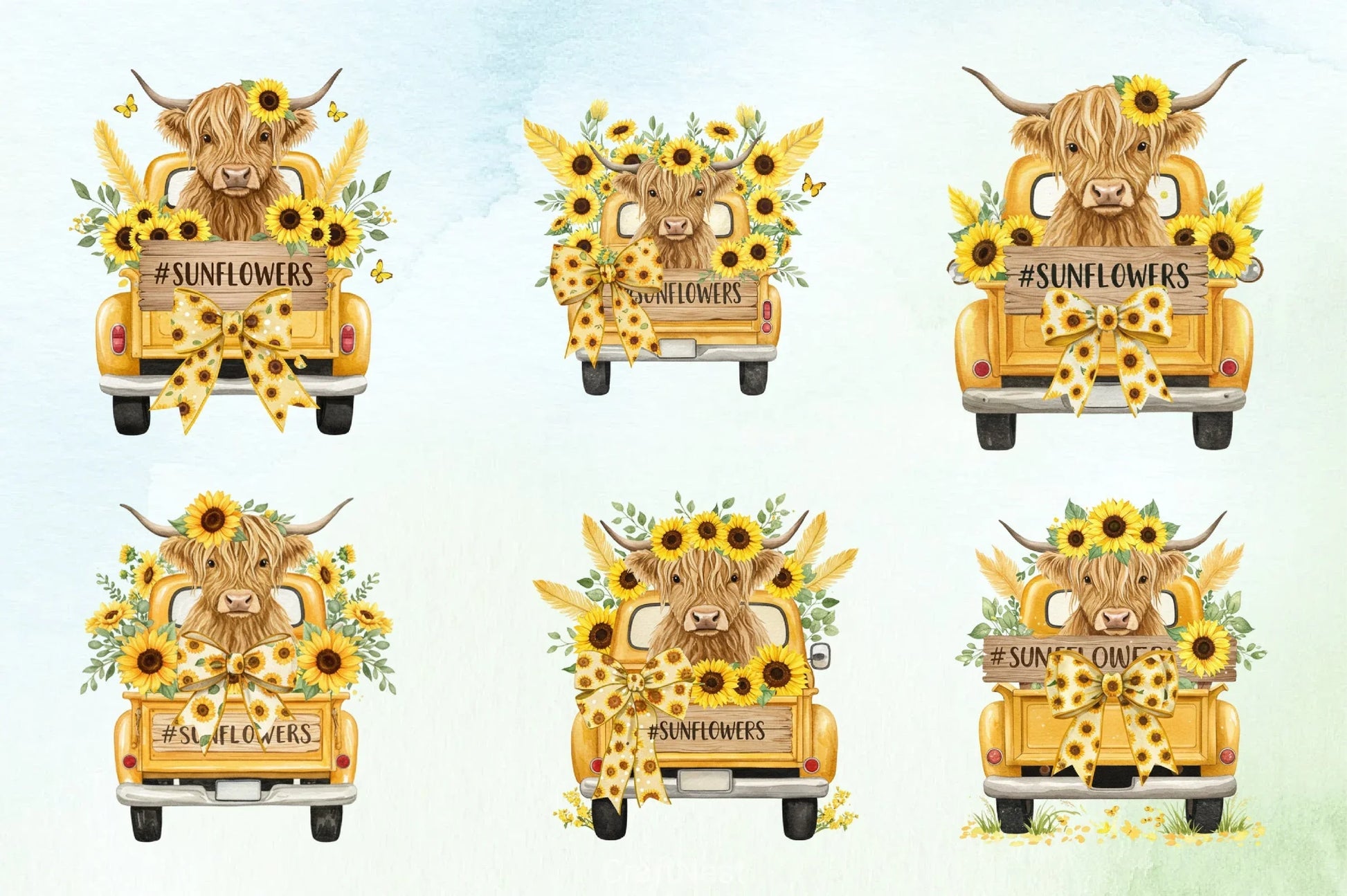 Sunflower Highland Cow Clipart Bundle 1 - CraftNest - Digital Crafting and Art