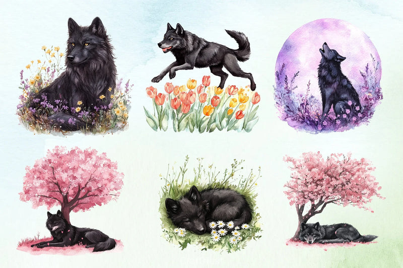 Spring Black Wolf Clipart Bundle - CraftNest - Digital Crafting and Art