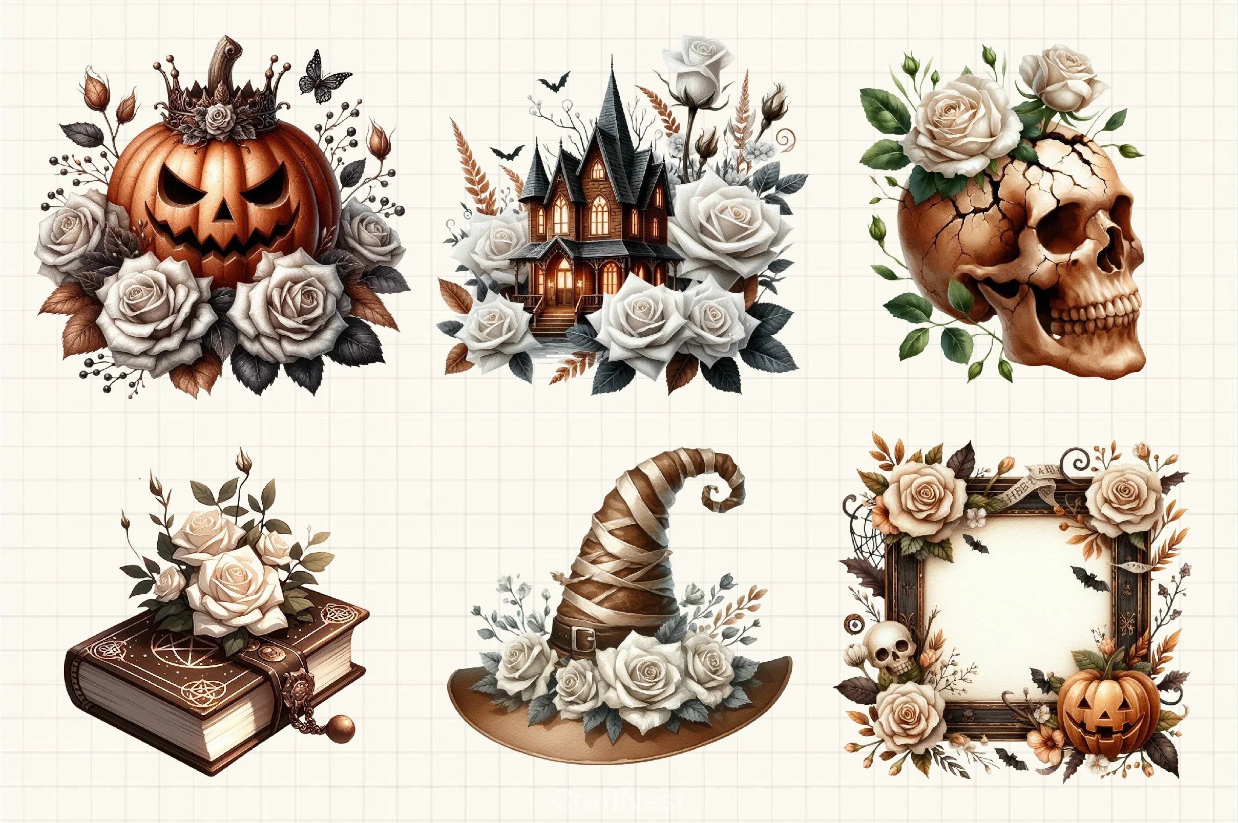 Brown Halloween & White Roses Clipart Bundle 3 - CraftNest - Digital Crafting and Art