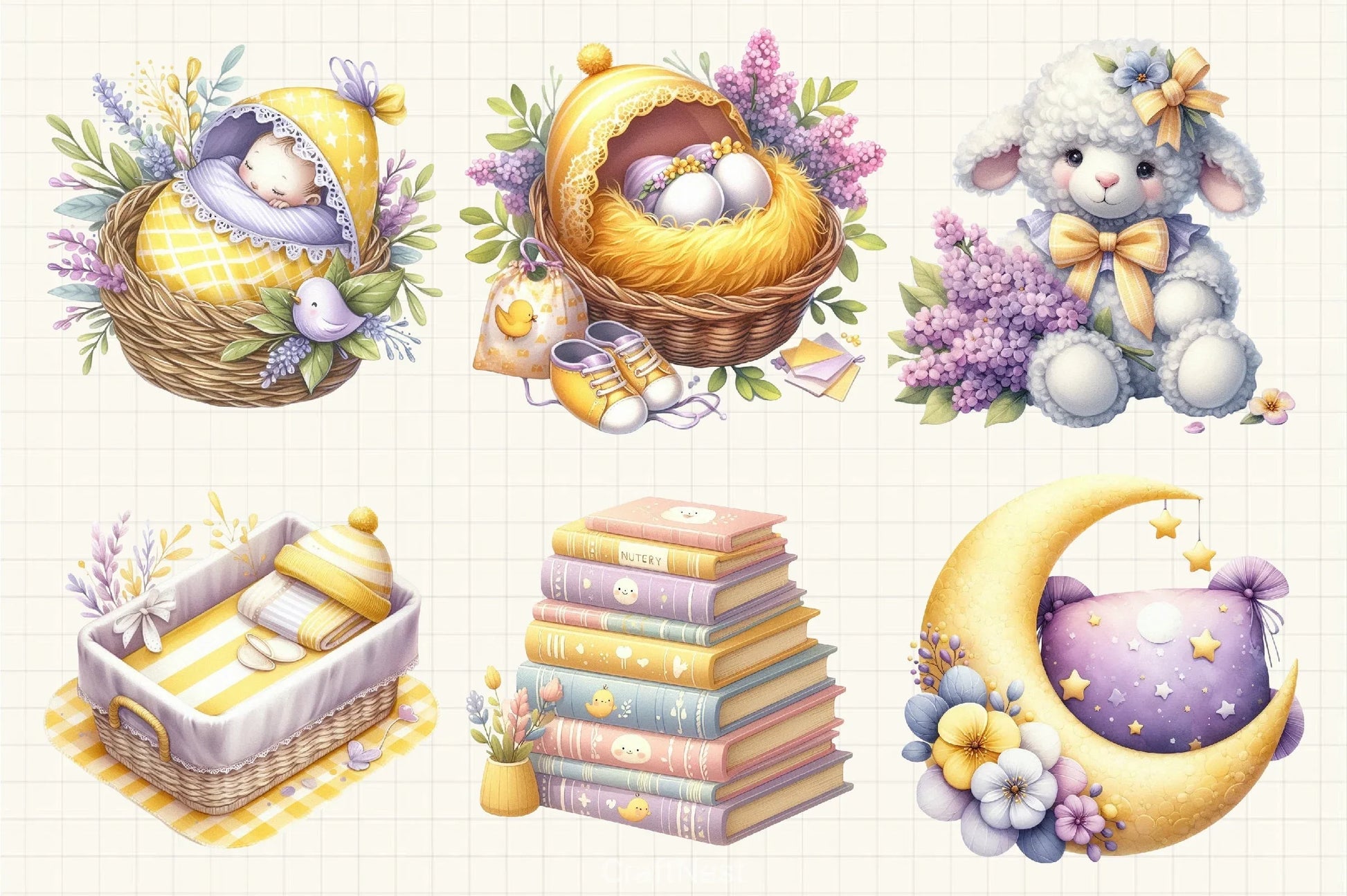 Yellow Lilac Baby Nursery Clipart Bundle - CraftNest - Digital Crafting and Art