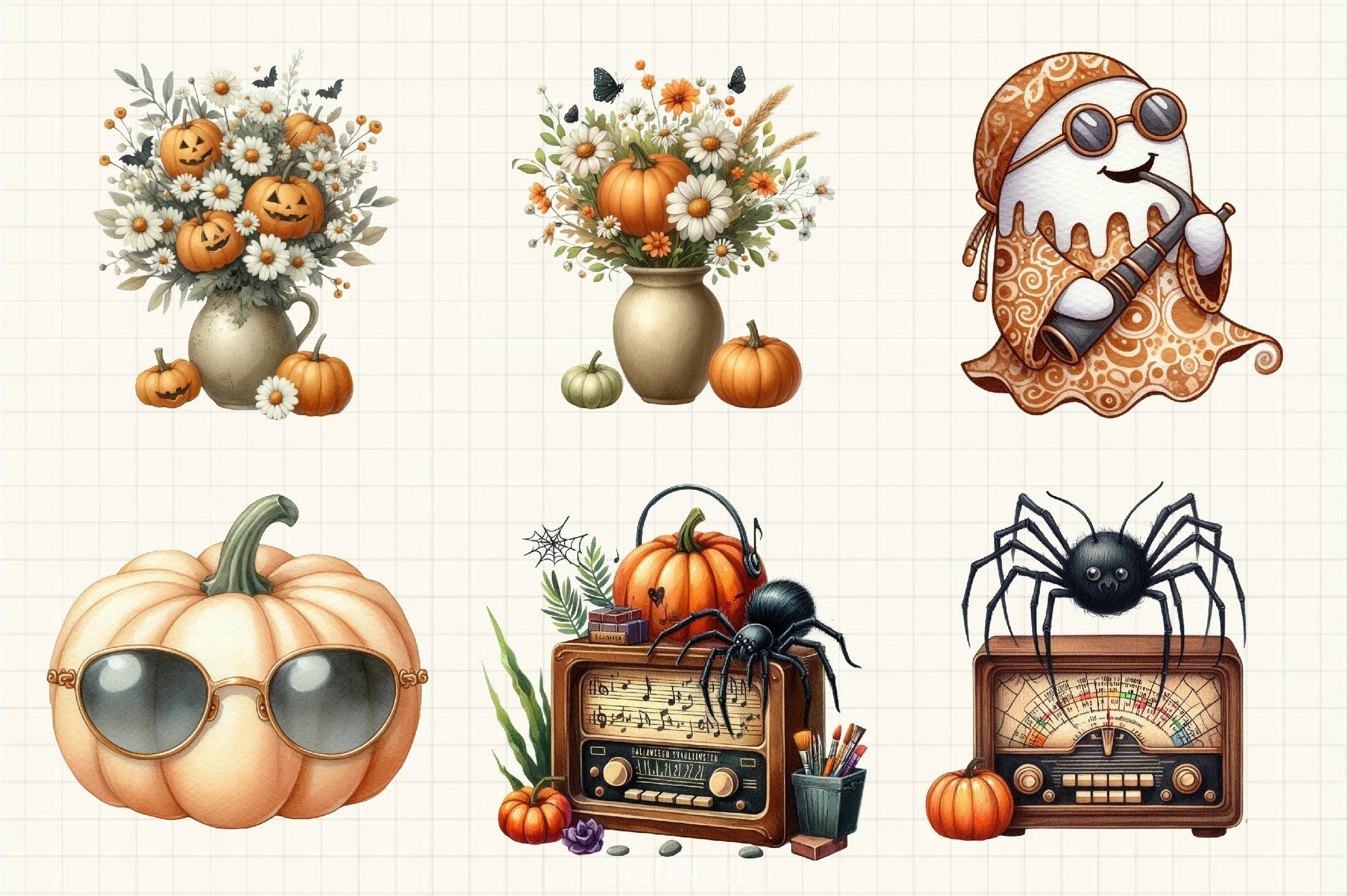 Beige Retro Halloween Clipart Bundle - CraftNest - Digital Crafting and Art