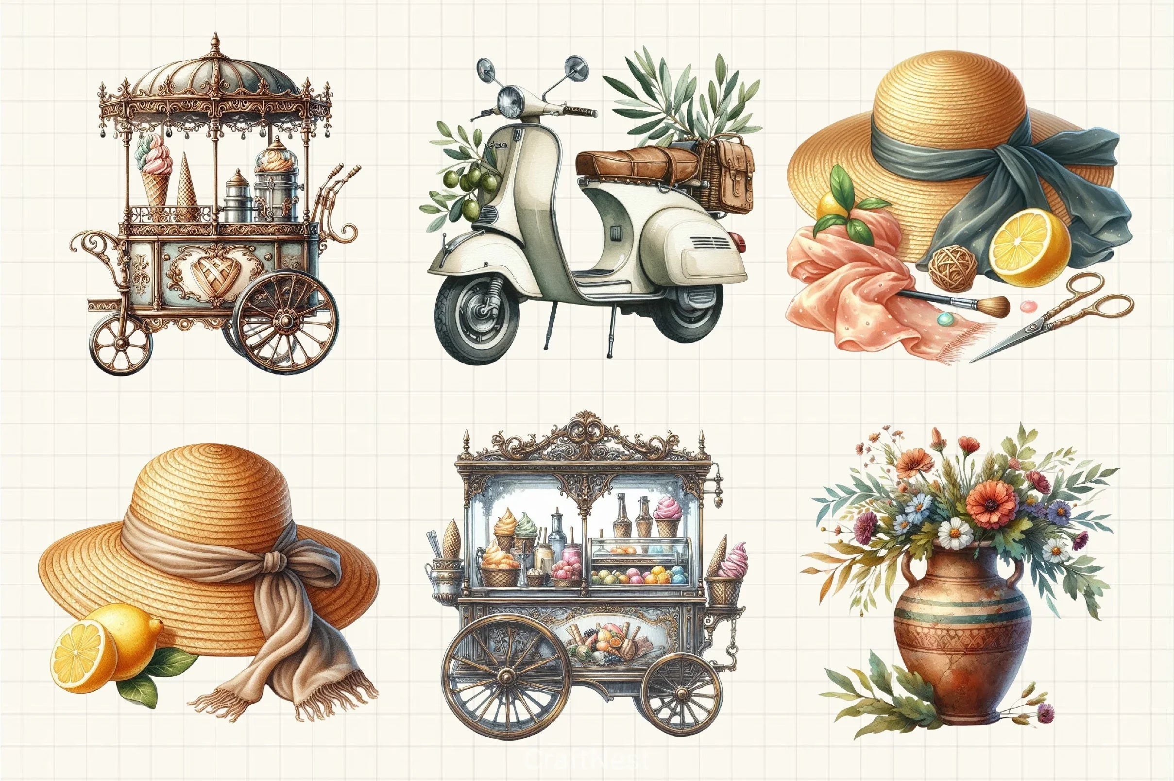 Antique Italian Summer Clipart Bundle 11 - CraftNest - Digital Crafting and Art