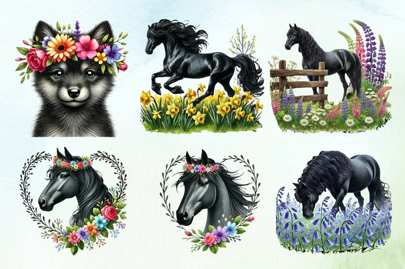 Spring Black Wolf Clipart Bundle 3 - CraftNest - Digital Crafting and Art