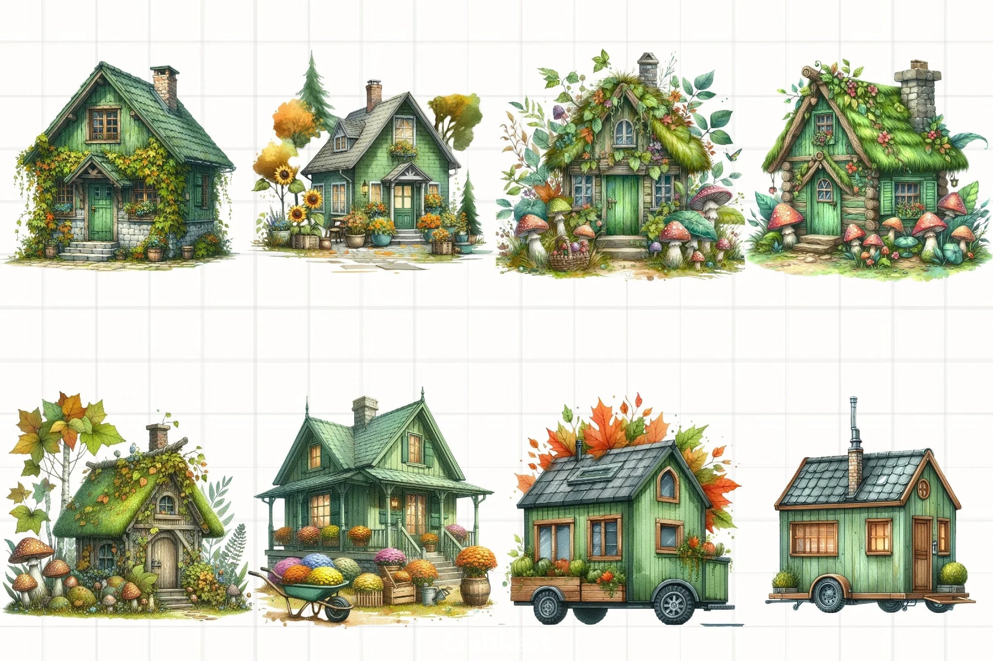 Green Autumn Cottage Clipart Bundle - CraftNest - Digital Crafting and Art