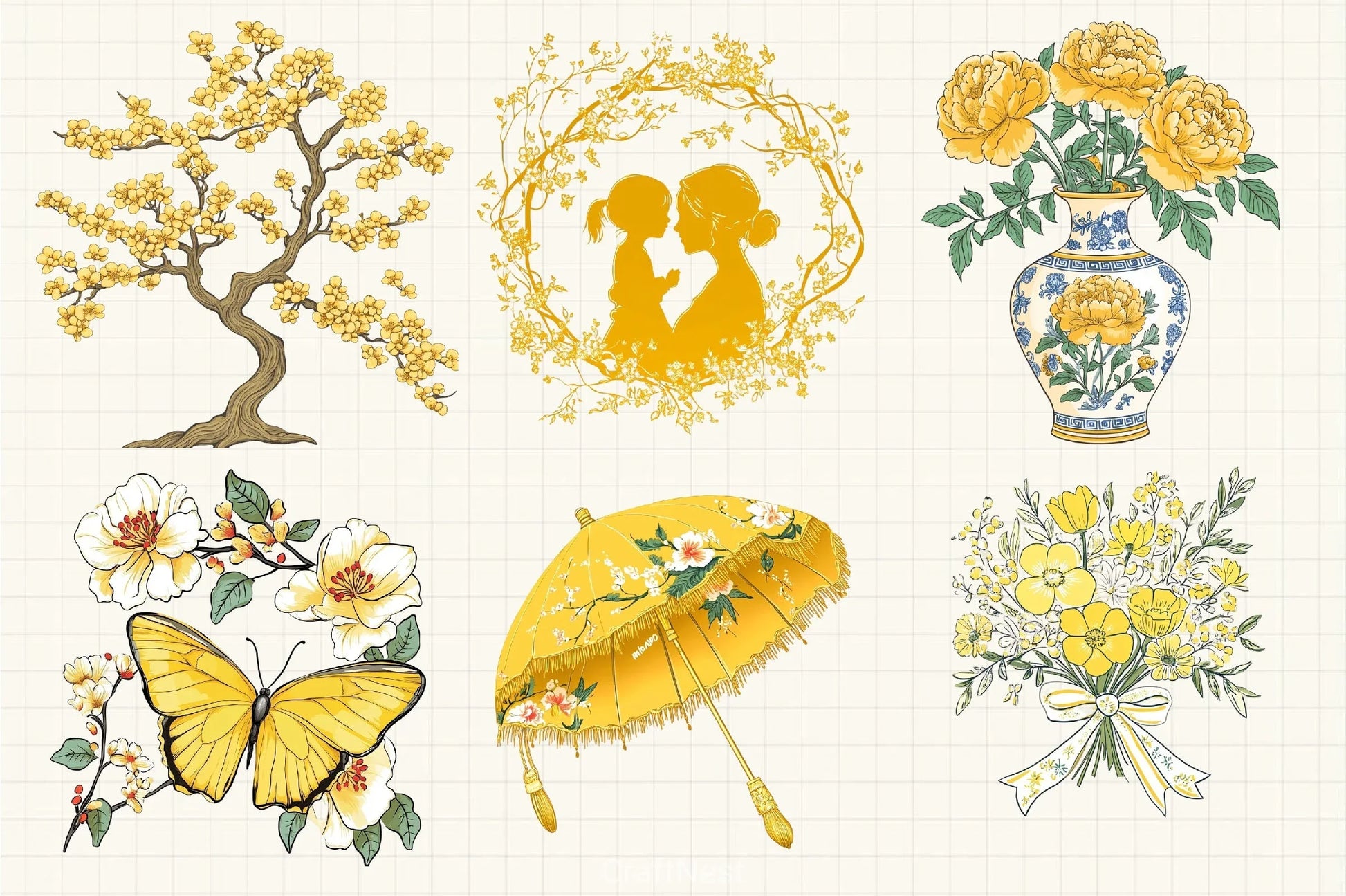 Yellow Chinoiserie Mother's Day Clipart Bundle - CraftNest - Digital Crafting and Art