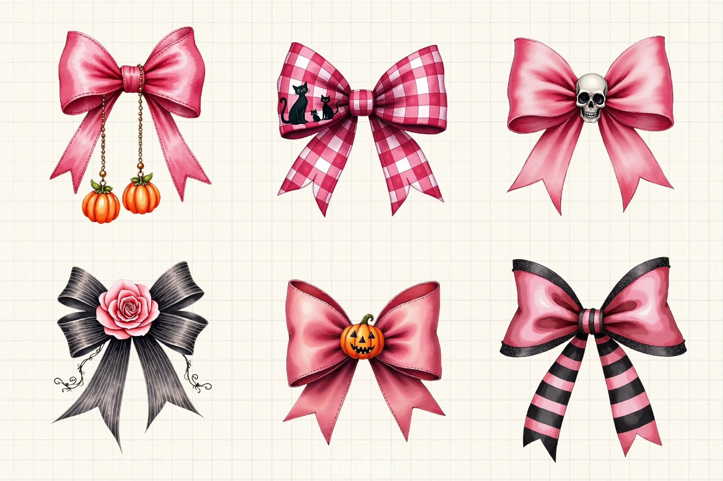Charm Pink Halloween Bow Clipart Bundle - CraftNest - Digital Crafting and Art