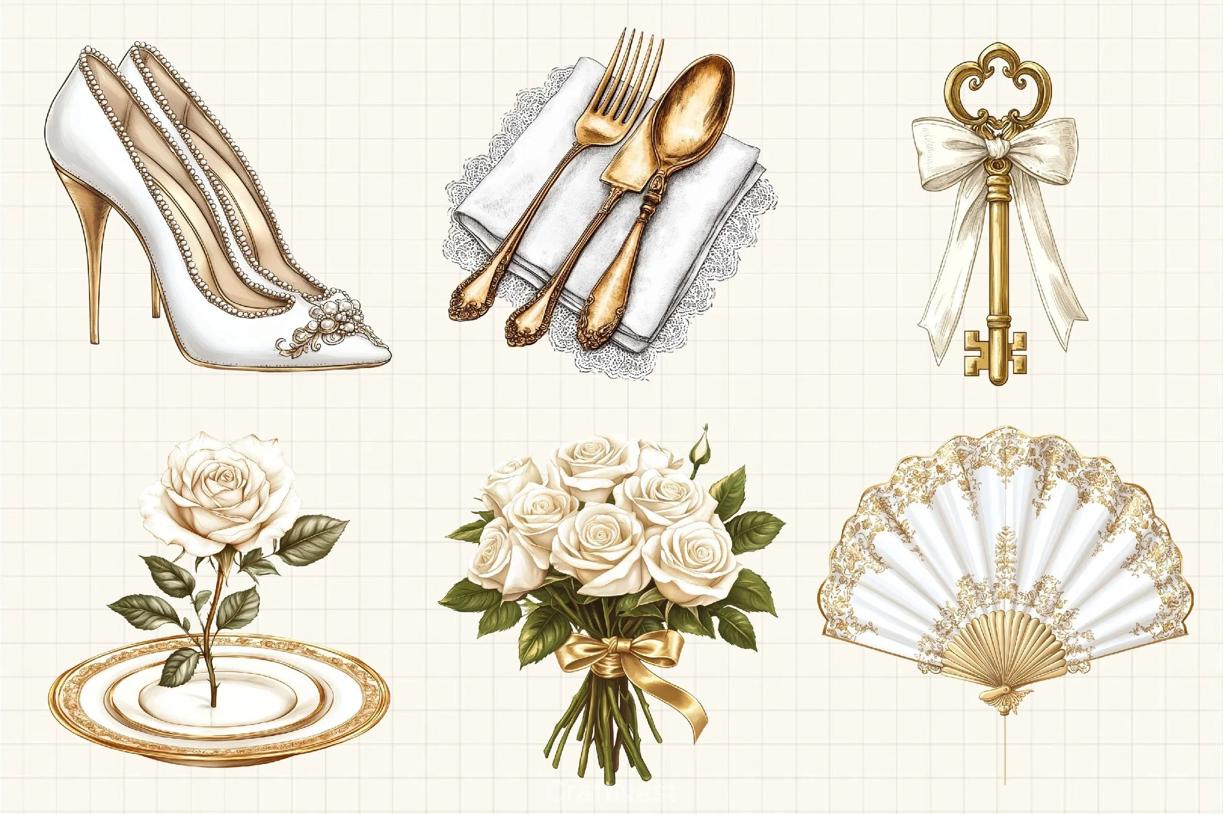 White & Gold Wedding Clipart Bundle - CraftNest - Digital Crafting and Art