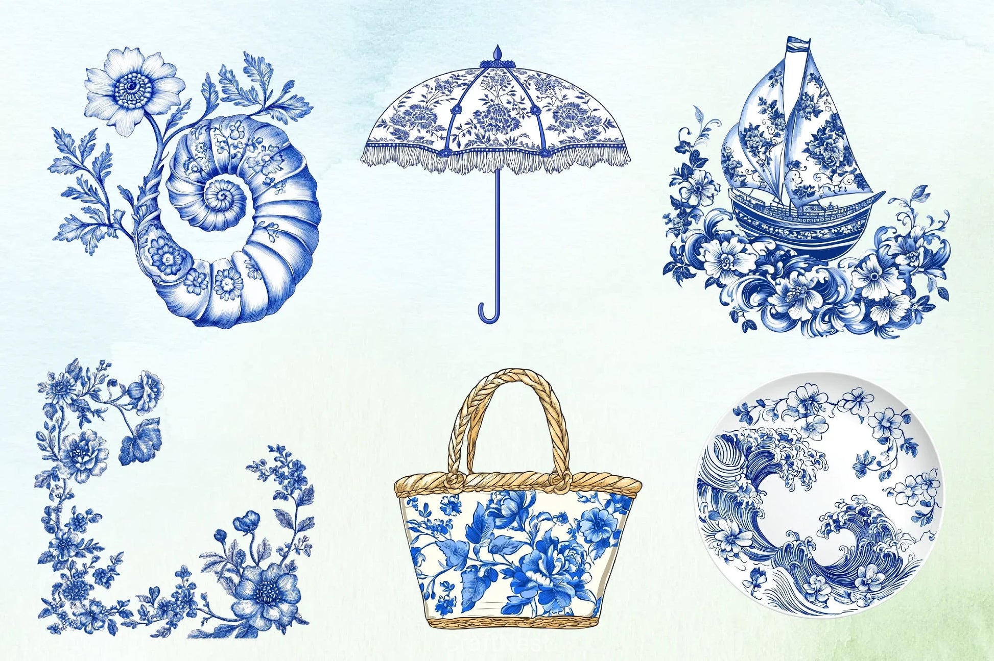 Blue Chinoiserie Summer Clipart Bundle 22 - CraftNest - Digital Crafting and Art