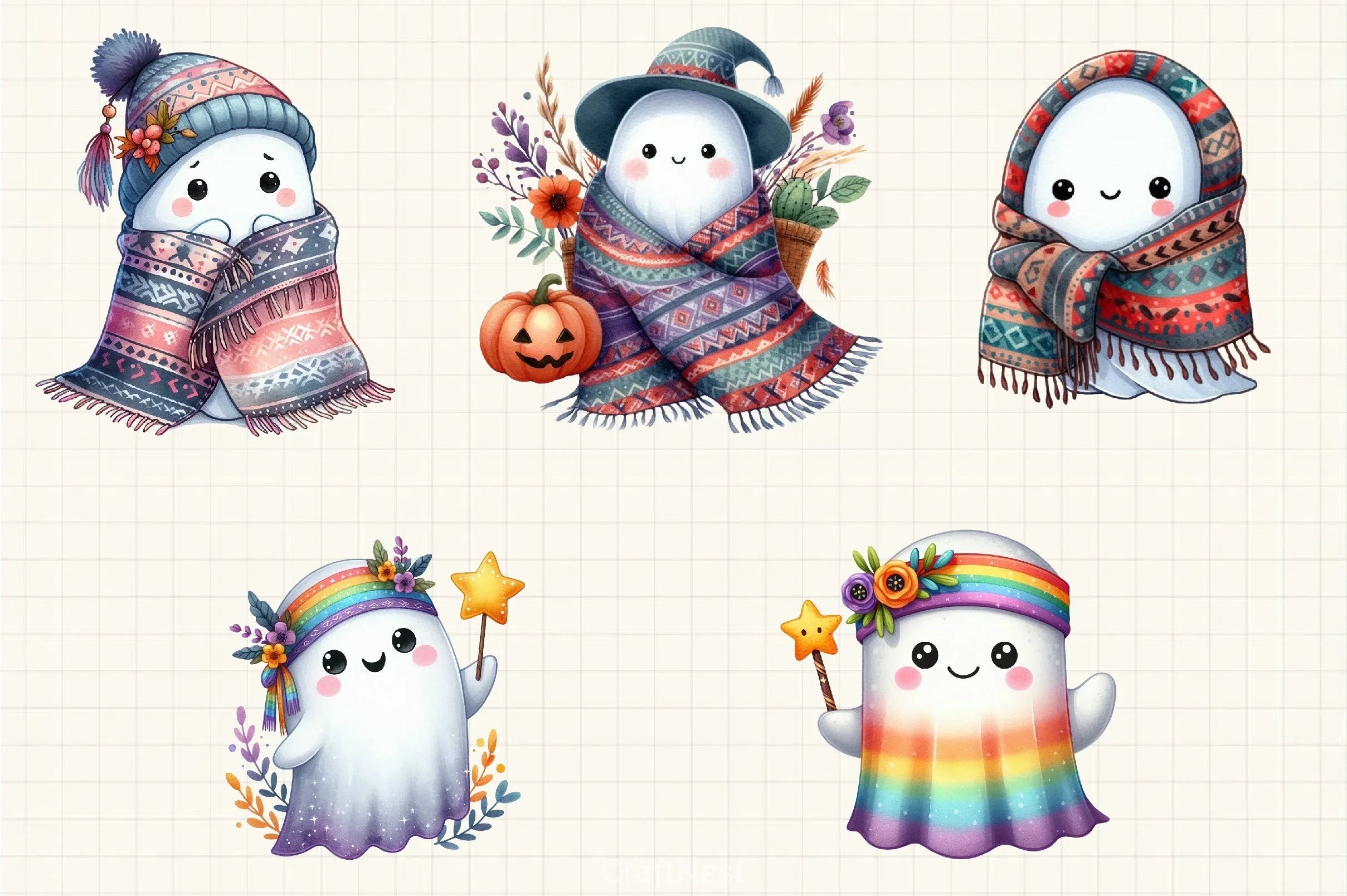Boho Halloween Ghost Clipart Bundle - CraftNest - Digital Crafting and Art