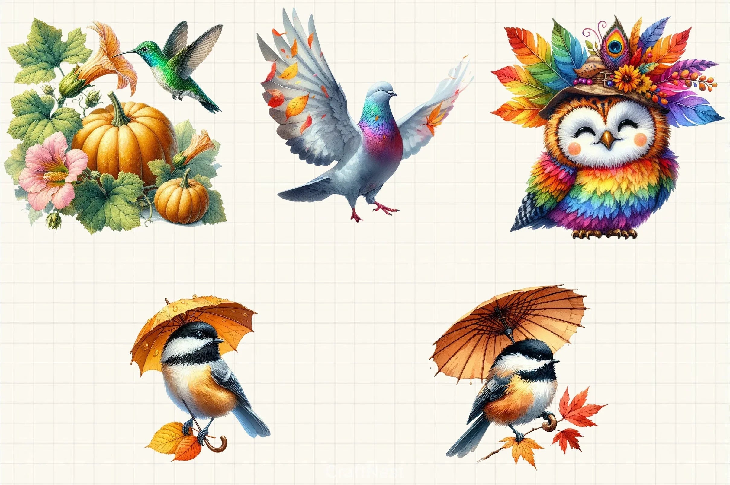 Positive Whimsical Fall Birds Clipart Bundle - CraftNest - Digital Crafting and Art