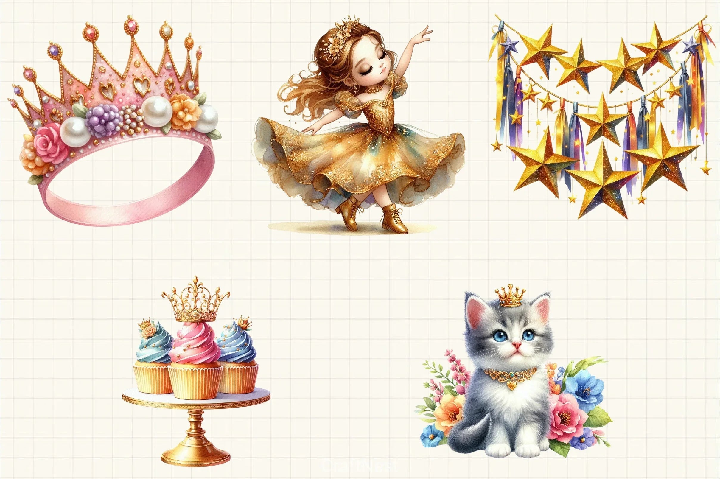 Gold Princess Birthday Clipart Bundle - CraftNest - Digital Crafting and Art