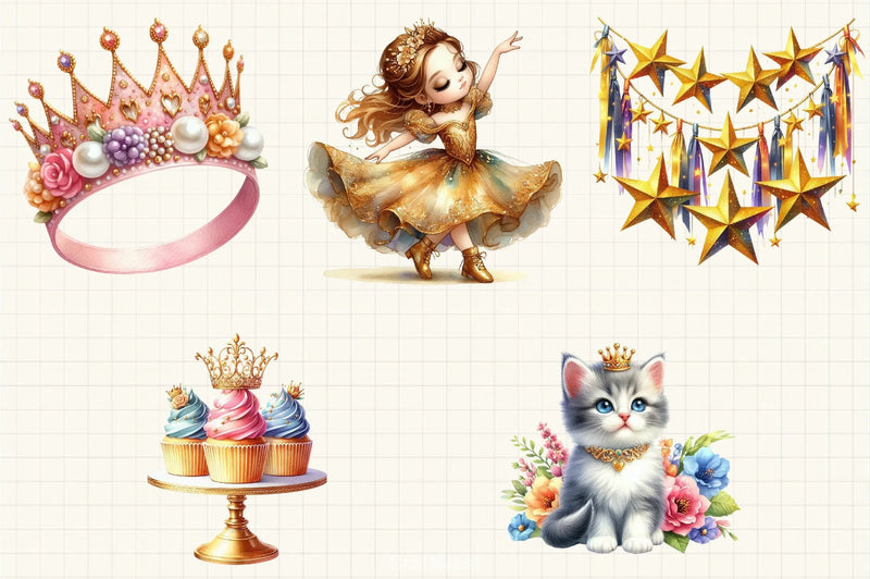 Gold Princess Birthday Clipart Bundle - CraftNest - Digital Crafting and Art