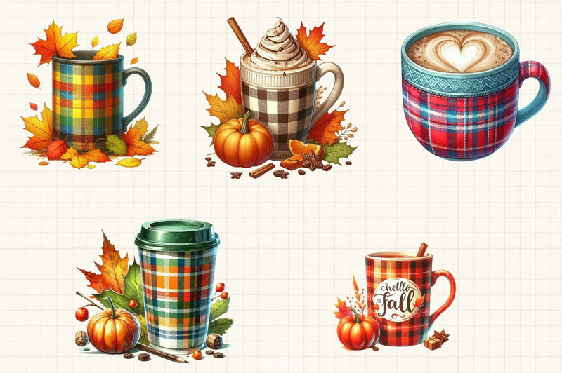 Autumn Plaid Coffee Cup Clipart Bundle - CraftNest - Digital Crafting and Art
