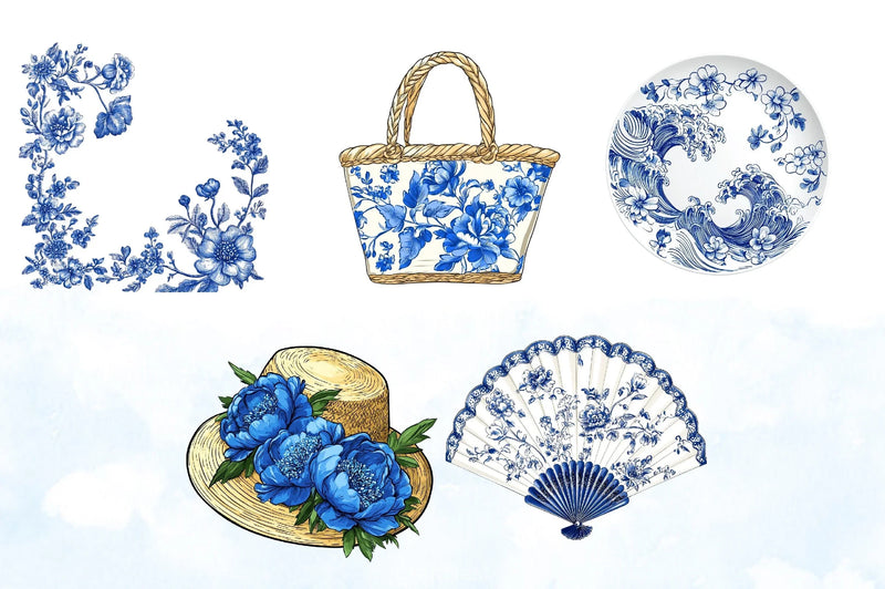 Blue Chinoiserie Summer Clipart Bundle 22 - CraftNest - Digital Crafting and Art