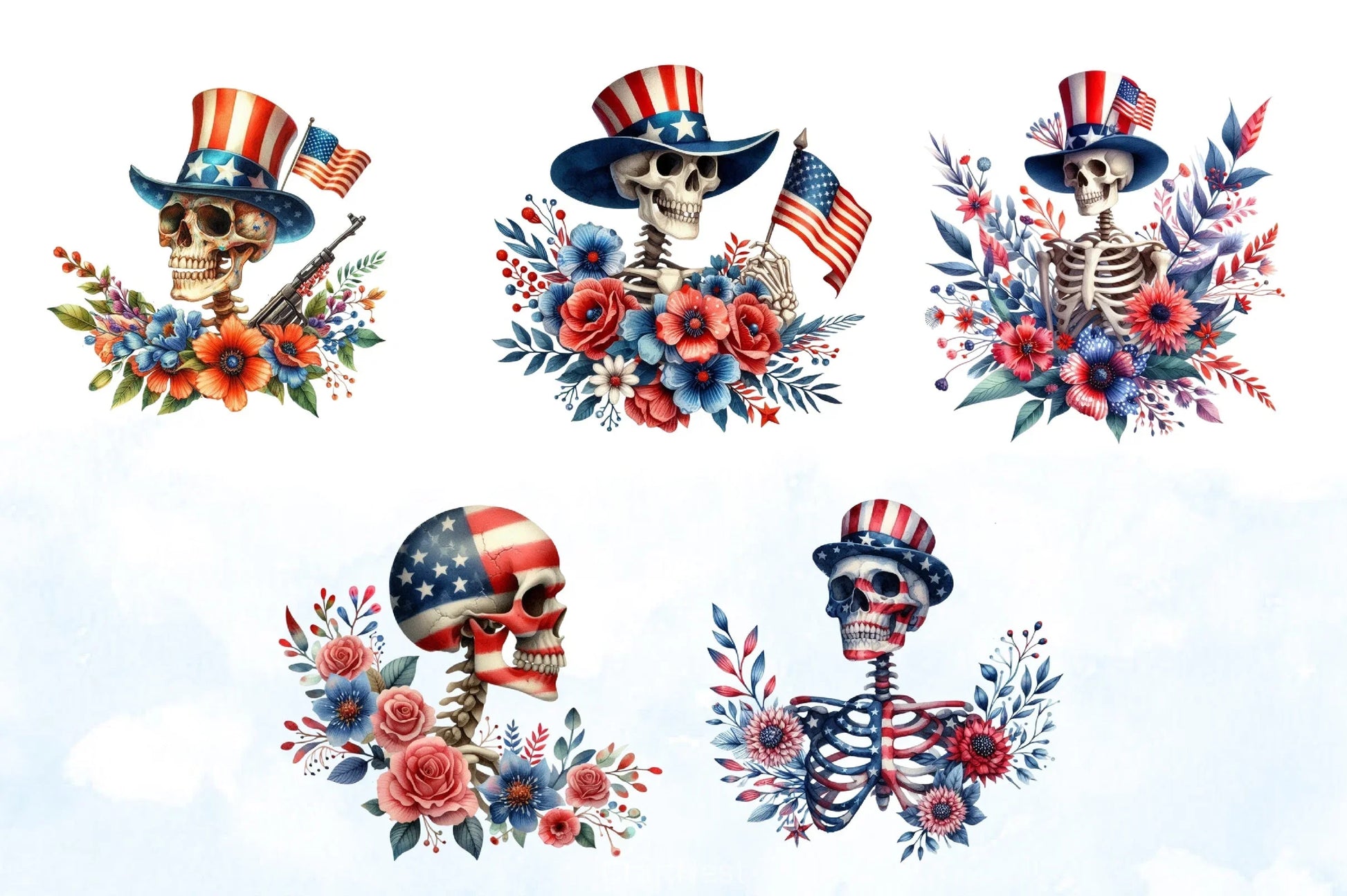 4th of July Skeleton Floral Clipart Bundle 2 - CraftNest - Digital Crafting and Art
