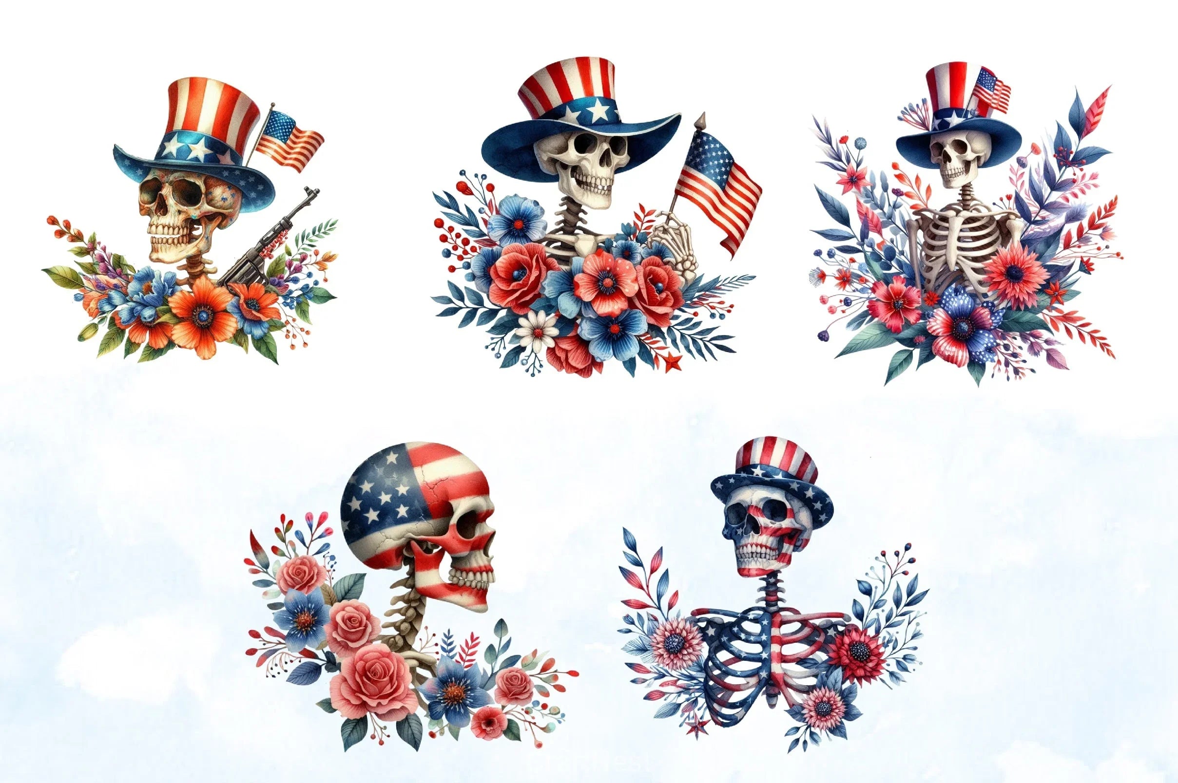 4th of July Skeleton Floral Clipart Bundle 2 - CraftNest - Digital Crafting and Art
