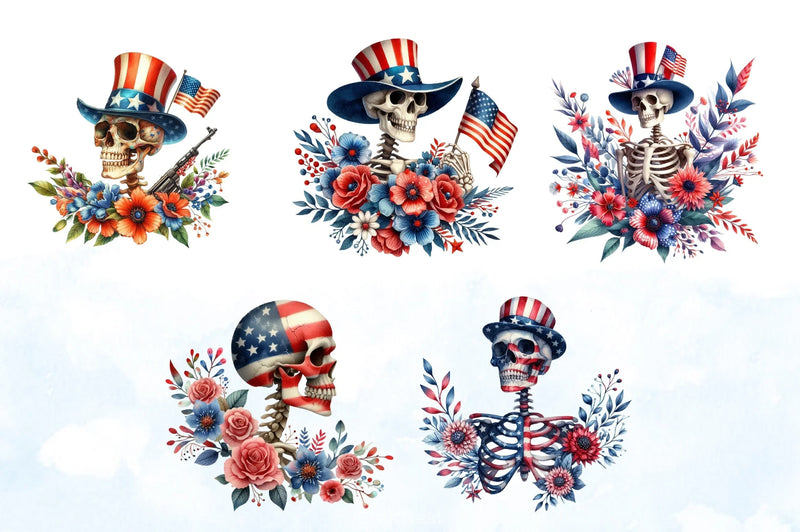4th of July Skeleton Floral Clipart Bundle 2 - CraftNest - Digital Crafting and Art