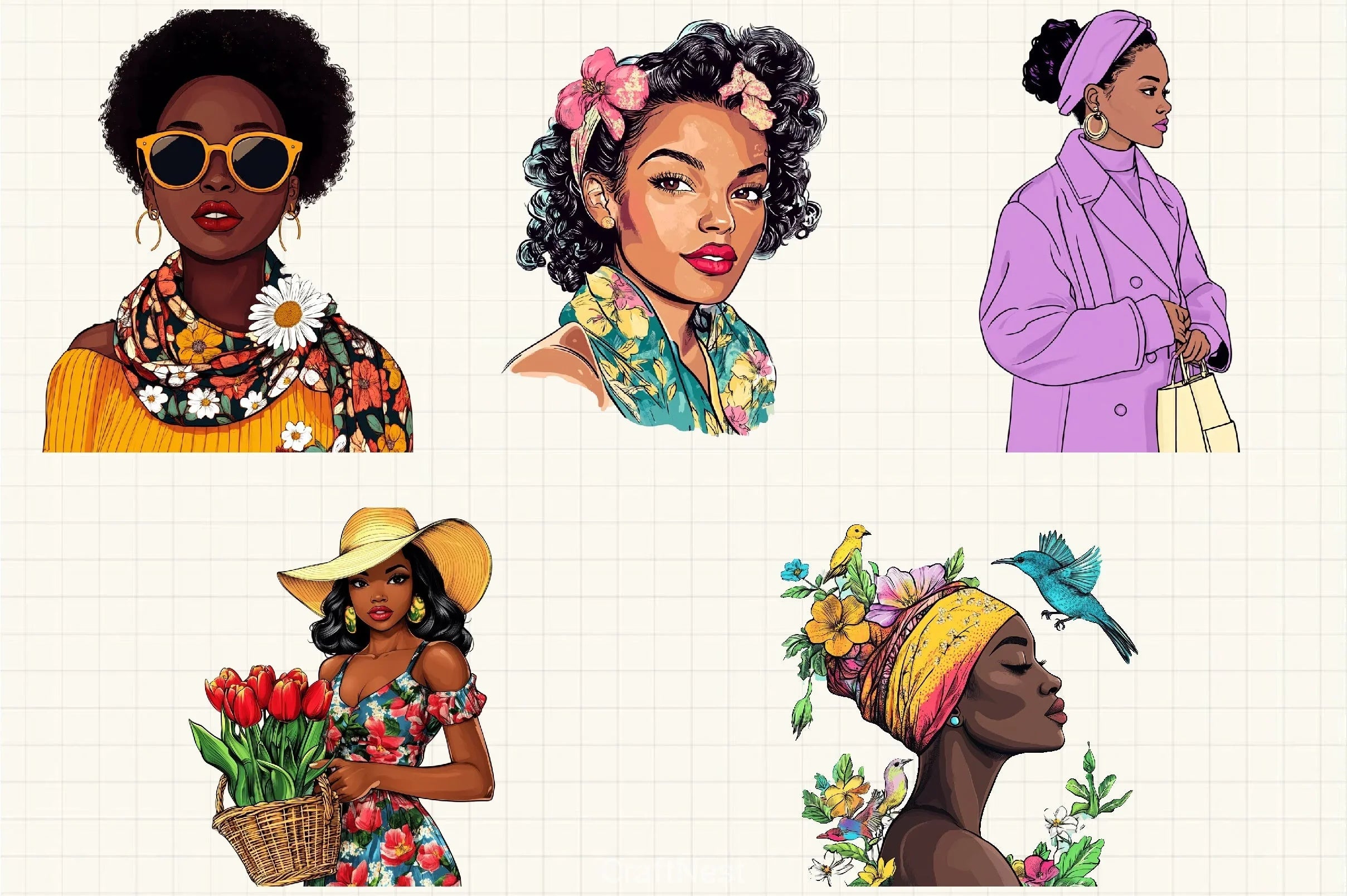Black Spring Vintage Woman Clipart Bundle - CraftNest - Digital Crafting and Art