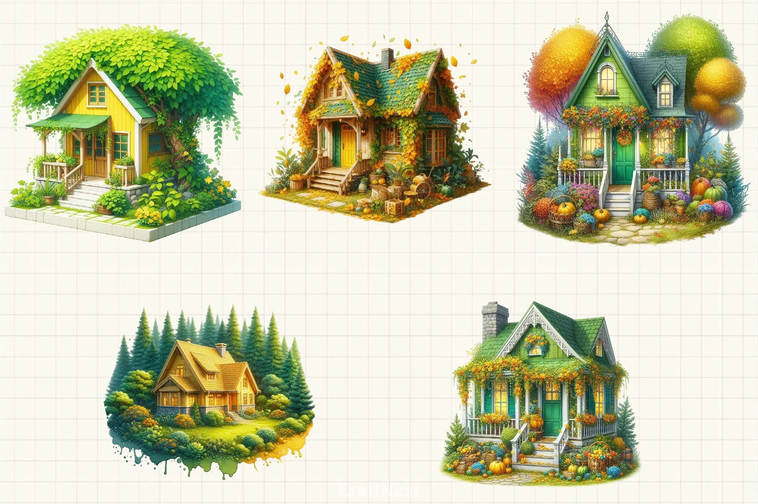 Yellow Green Autumn Village House Clipart Bundle - CraftNest - Digital Crafting and Art