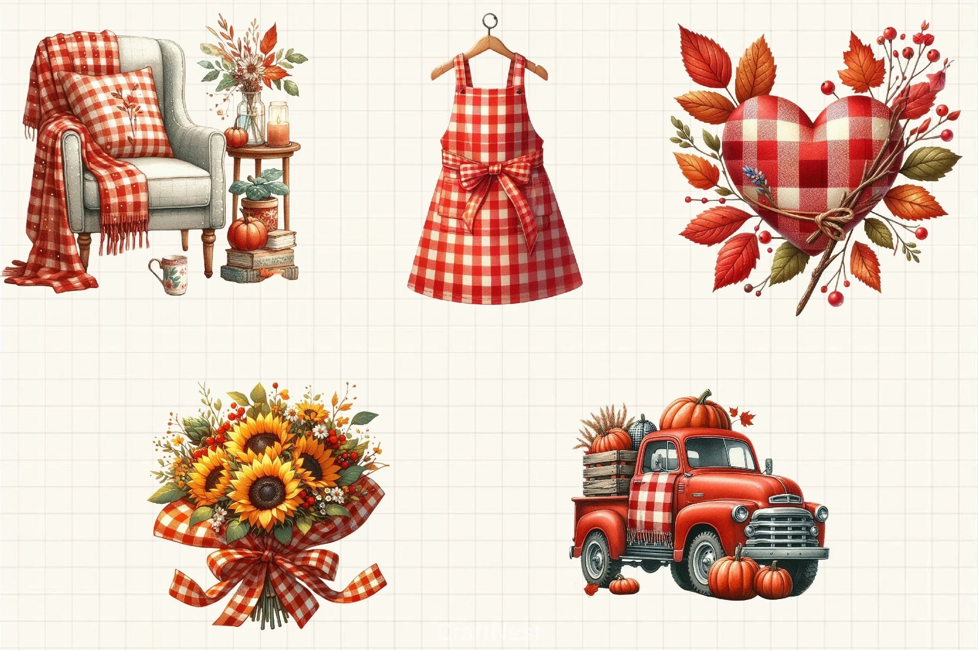 Red Gingham Autumn Clipart Bundle - CraftNest - Digital Crafting and Art