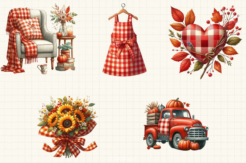 Red Gingham Autumn Clipart Bundle - CraftNest - Digital Crafting and Art