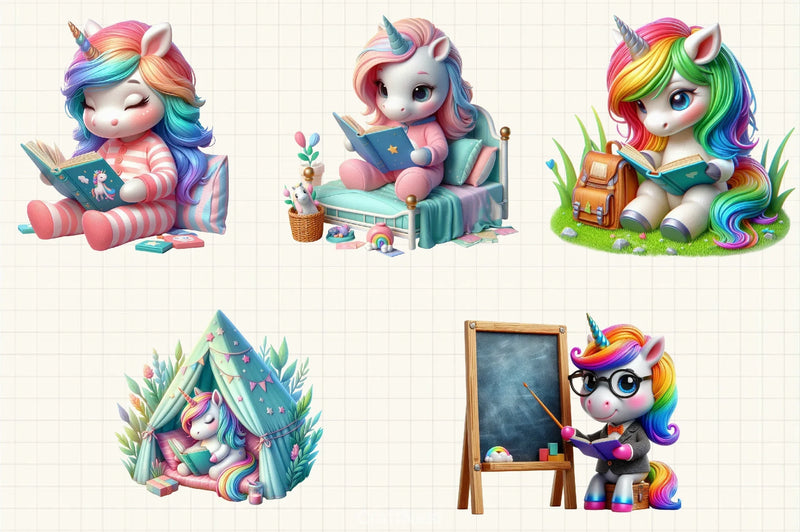 Cute Unicorn Reading Clipart Bundle - CraftNest - Digital Crafting and Art