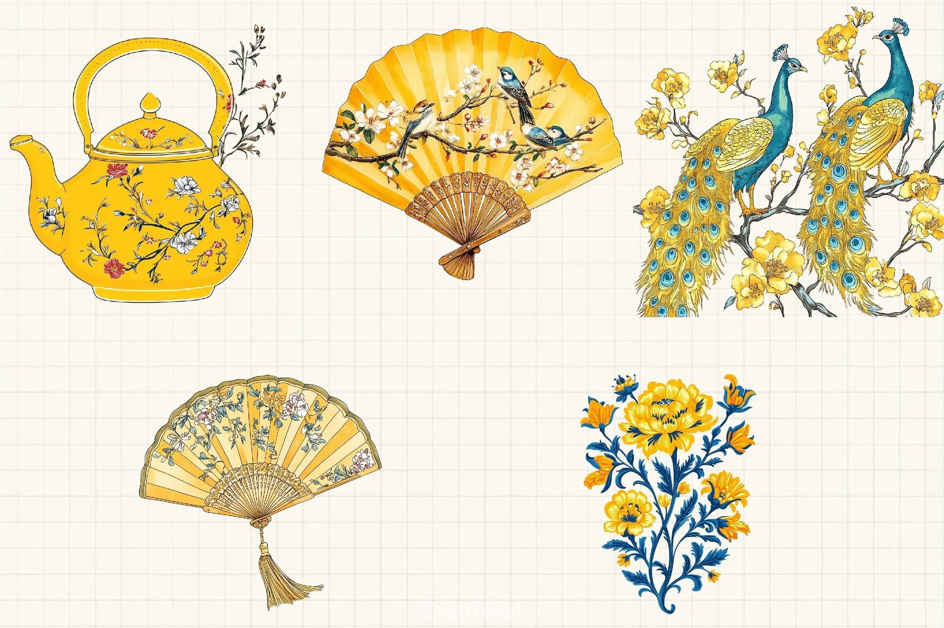 Yellow Chinoiserie Mother's Day Clipart Bundle - CraftNest - Digital Crafting and Art