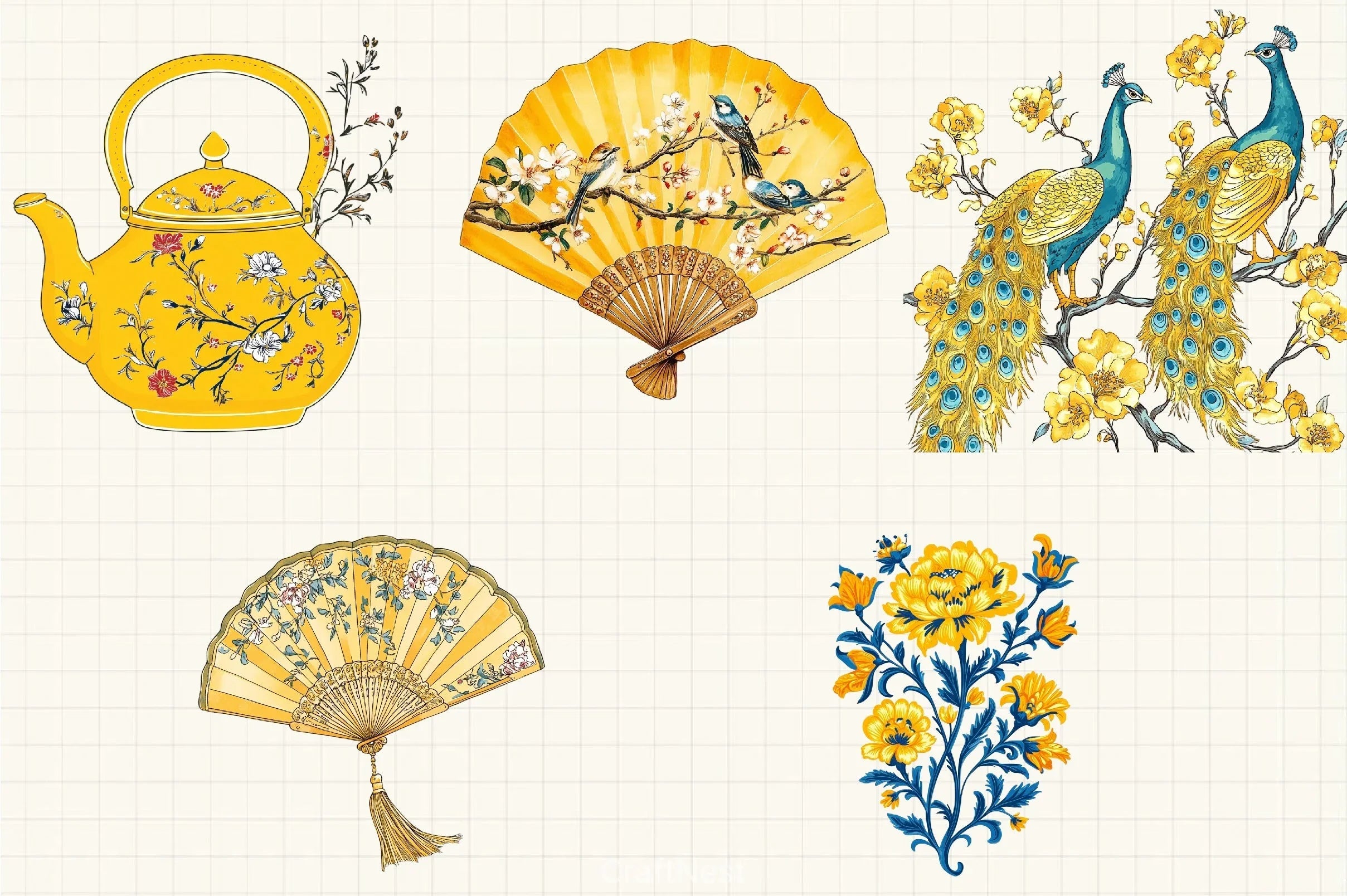 Yellow Chinoiserie Mother's Day Clipart Bundle - CraftNest - Digital Crafting and Art