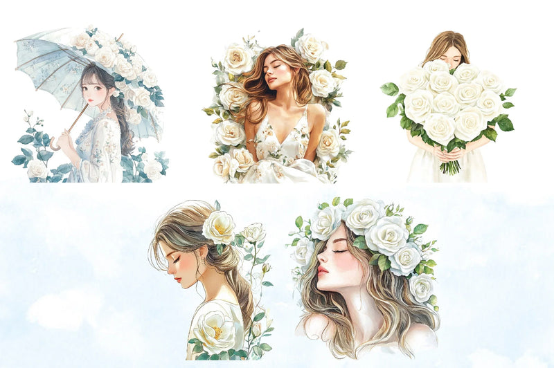 Spring White Roses & Woman Clipart Bundle - CraftNest - Digital Crafting and Art