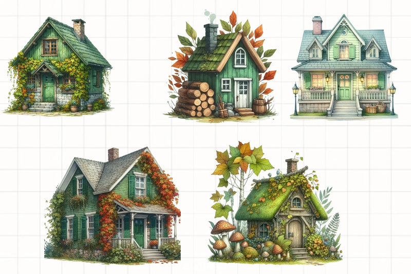 Green Autumn Cottage Clipart Bundle - CraftNest - Digital Crafting and Art