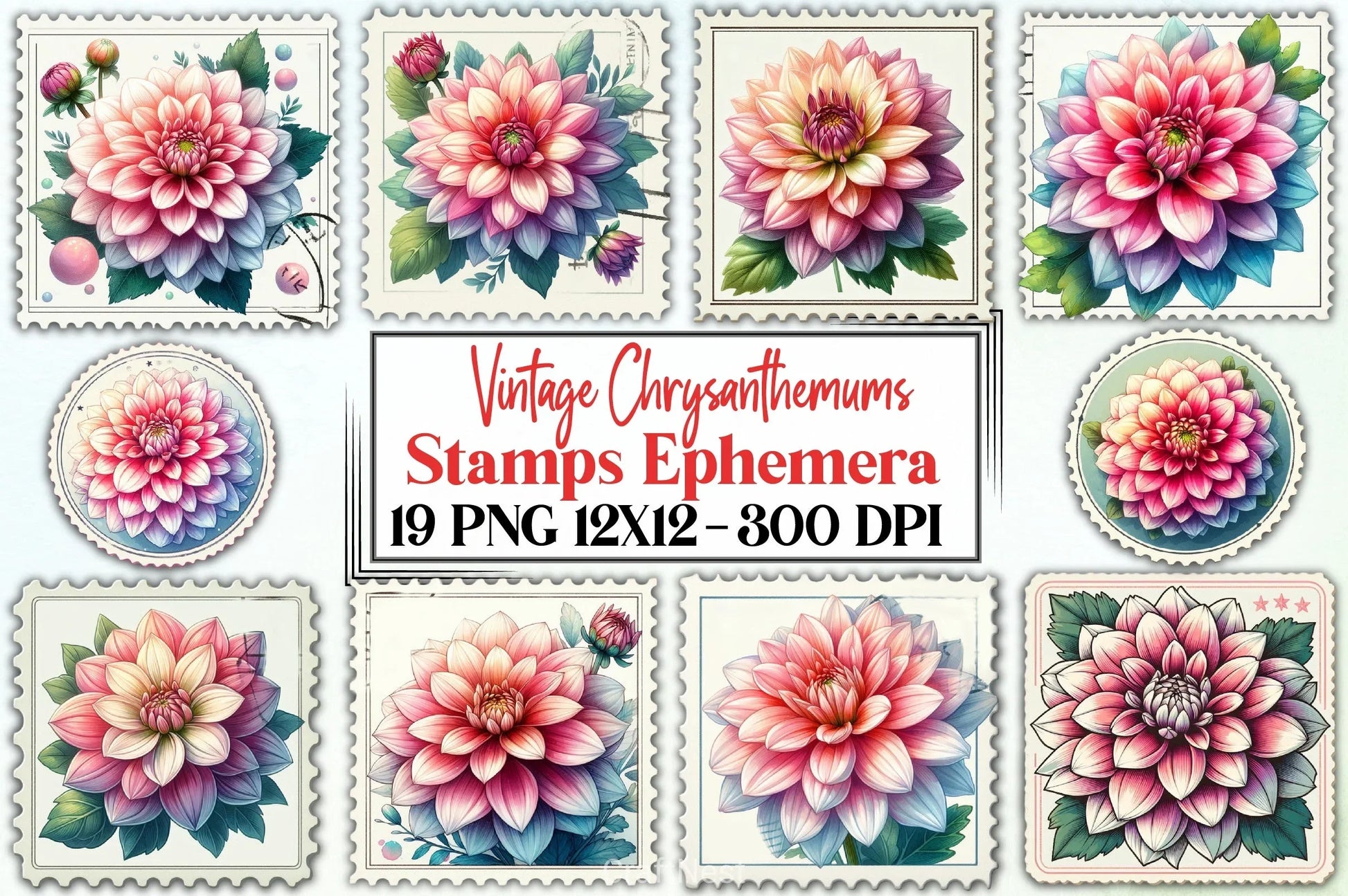 Vintage Chrysanthemums Stamps Clipart Bundle - CraftNest - Digital Crafting and Art