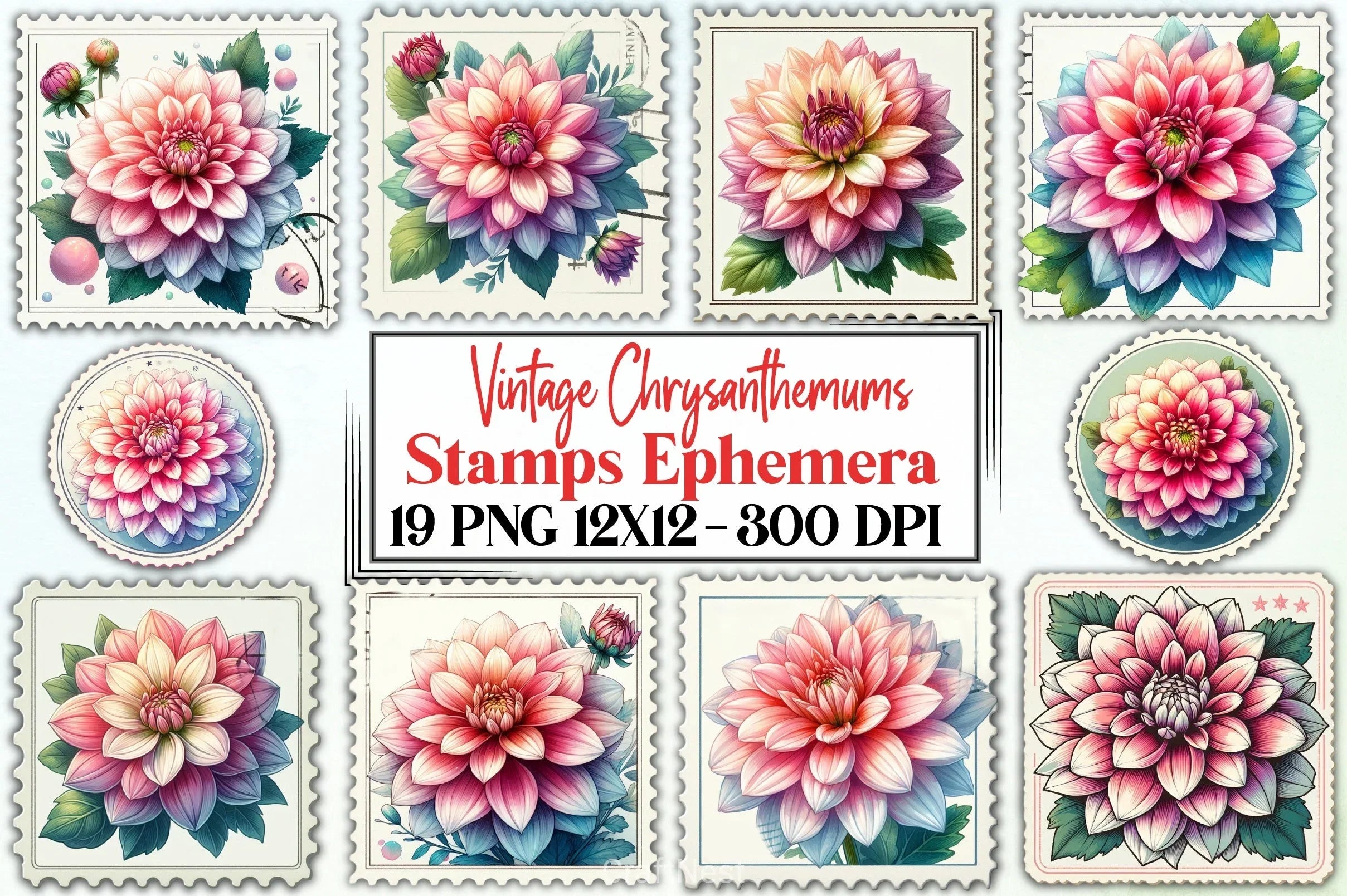 Vintage Chrysanthemums Stamps Clipart Bundle - CraftNest - Digital Crafting and Art