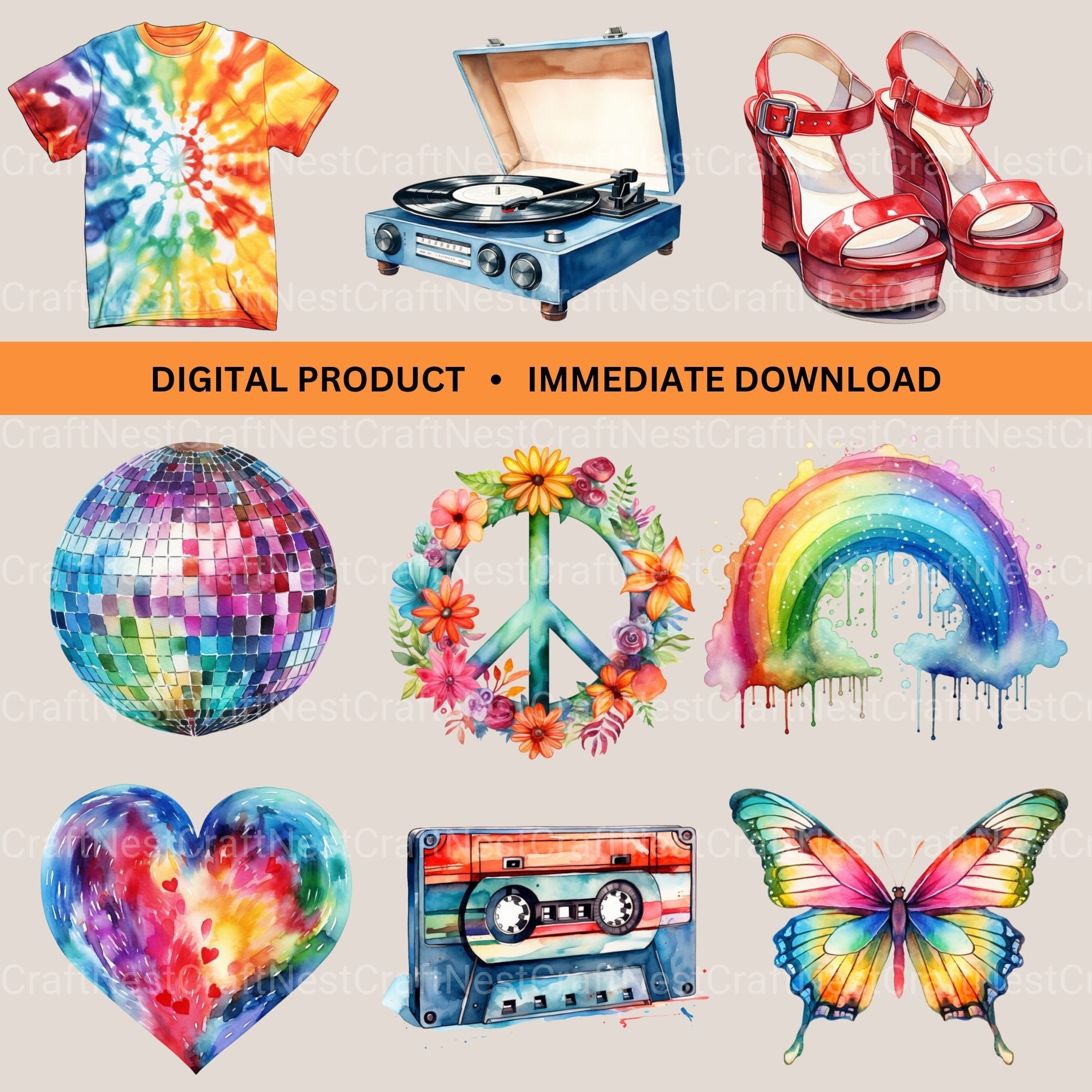 70S Hippie Clipart Bundle