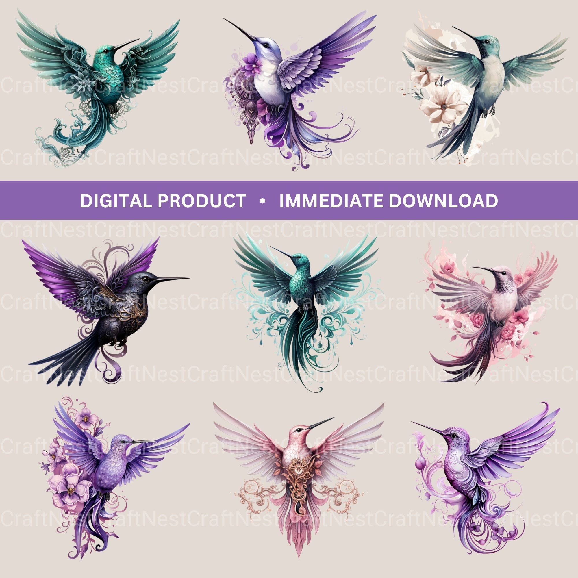 Gothic Hummingbirds Clipart Bundle