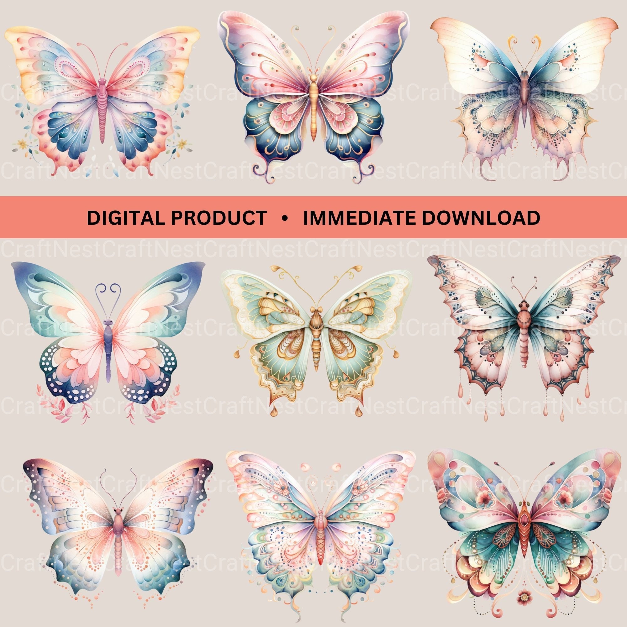 Boho Butterflies Clipart Bundle