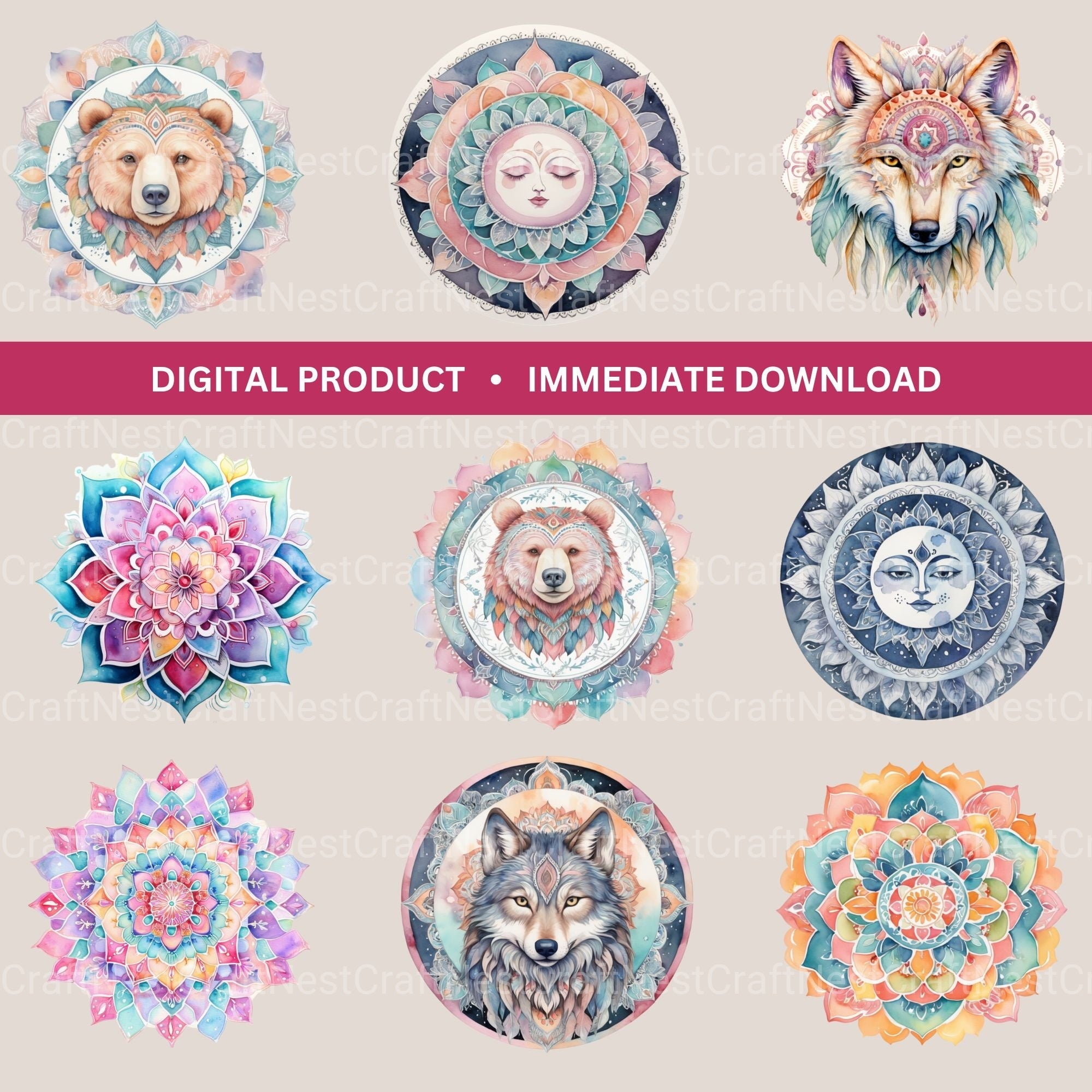 Mandala Wolf Bear Clipart Bundle