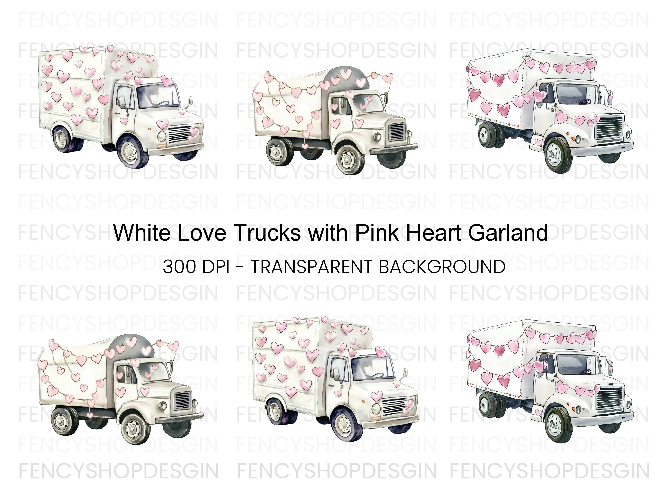 White Valentine Trucks with Heart Garlands Clipart Bundle